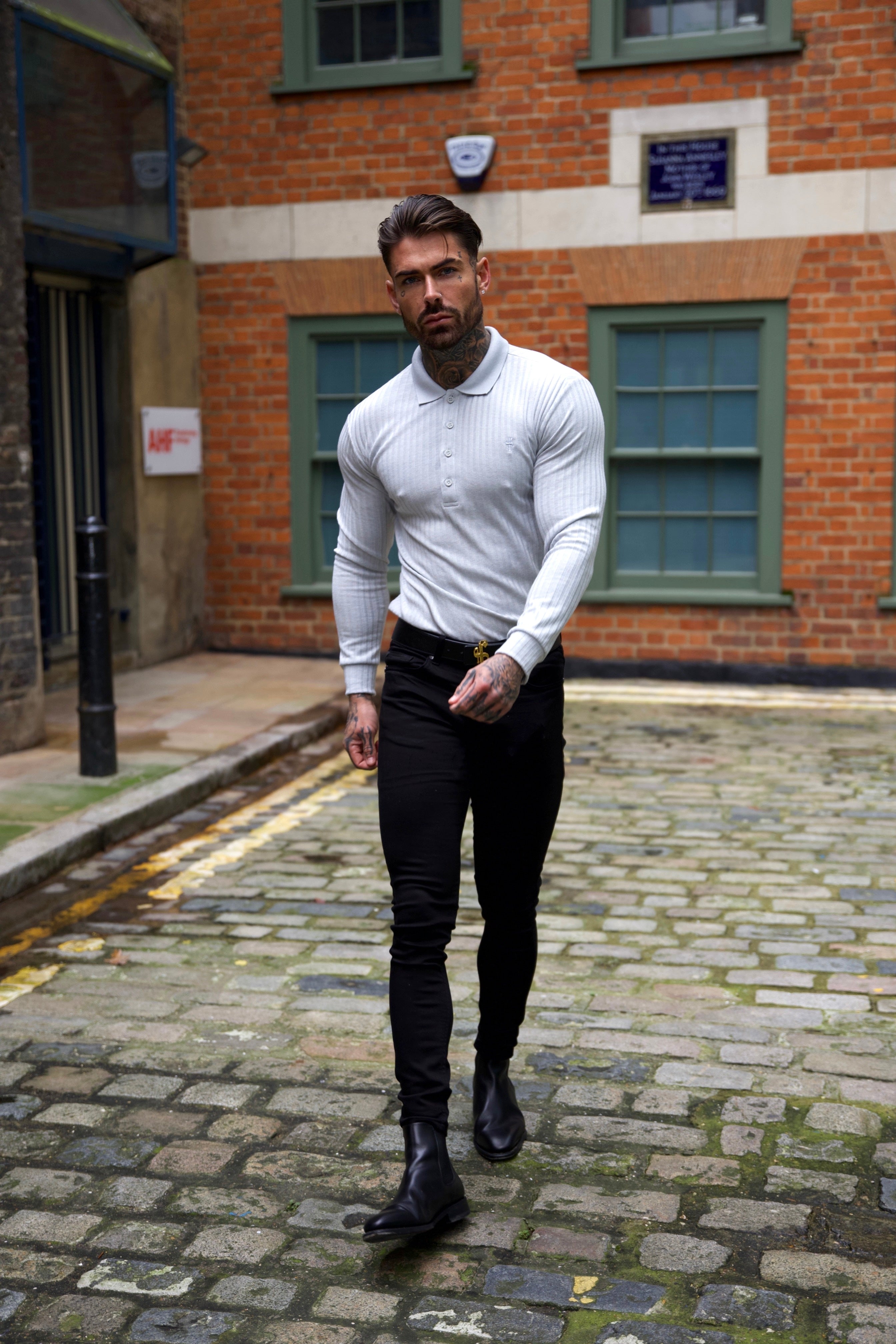 Classic Light Grey Ribbed Polo Shirt Long Sleeve - FSH972