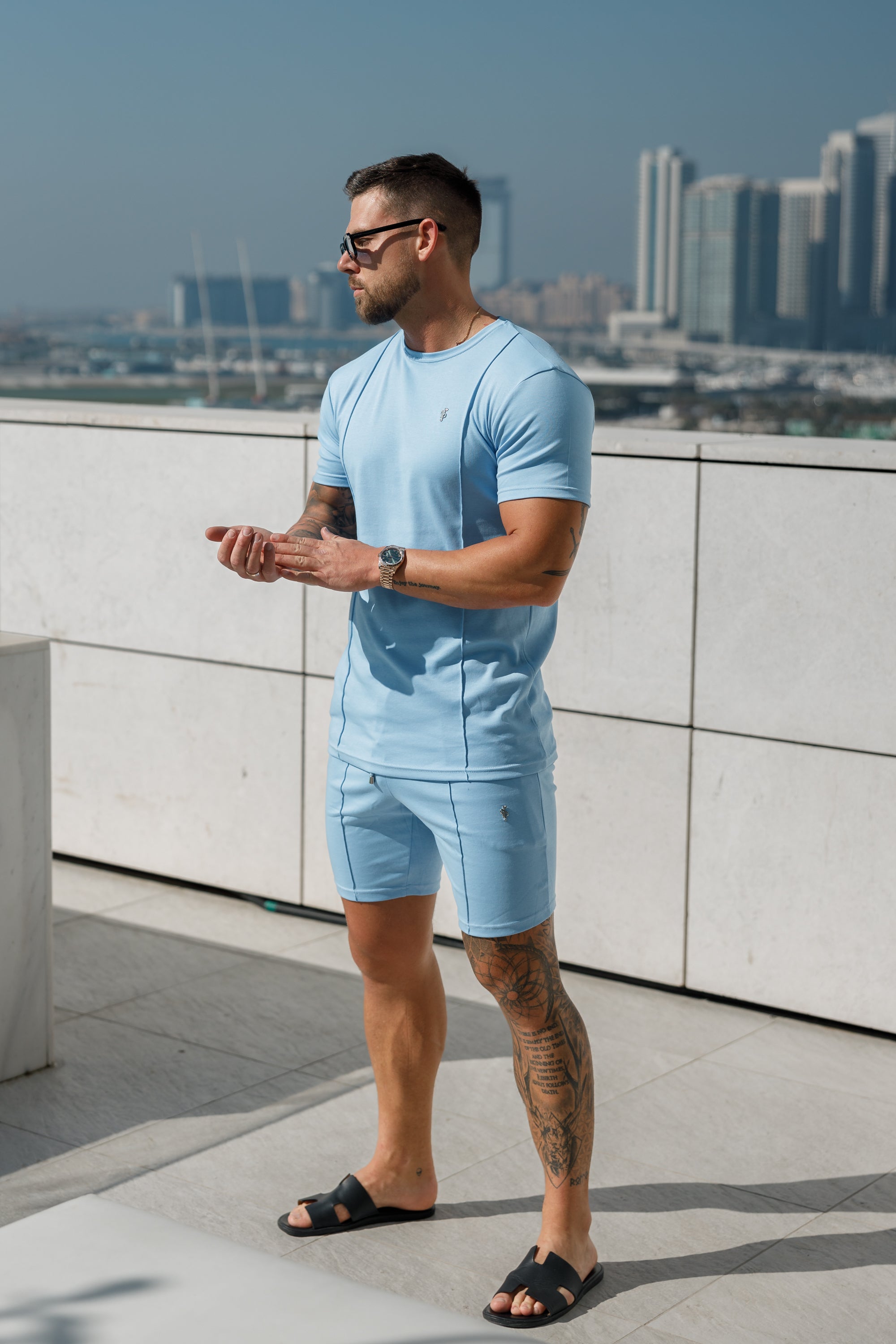 Light Blue / Silver Crew T Shirt With Pintuck Detail - FSH1051