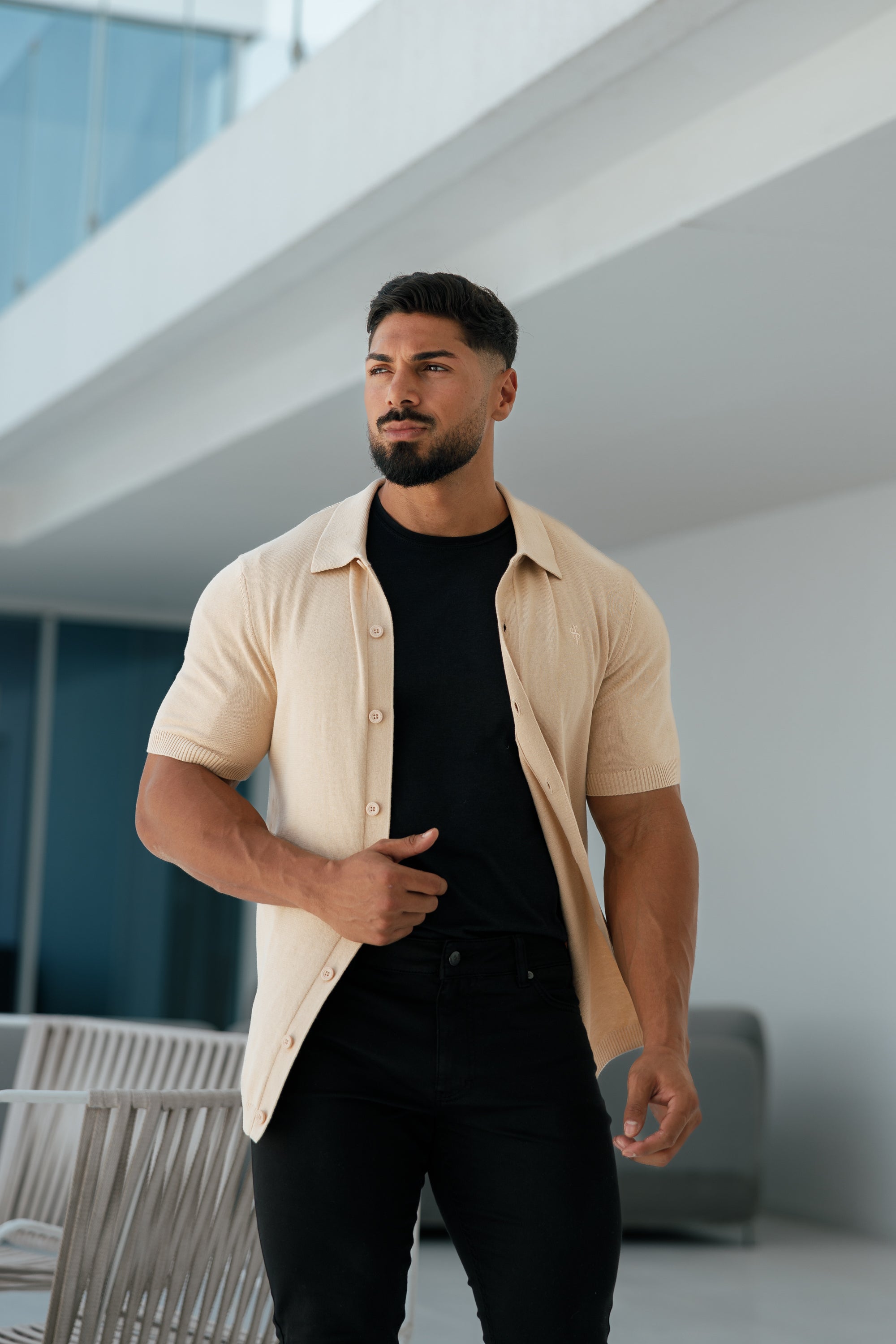 Classic Plain Beige Knitted Button Through Polo Short Sleeve - FSN104