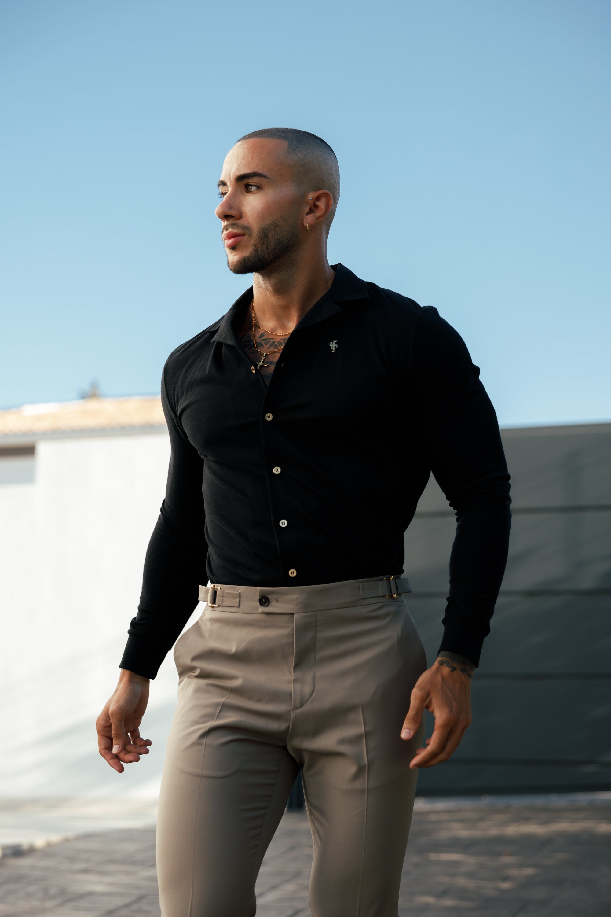 Stretch Black Pique Revere Shirt Long Sleeve - FSH1207