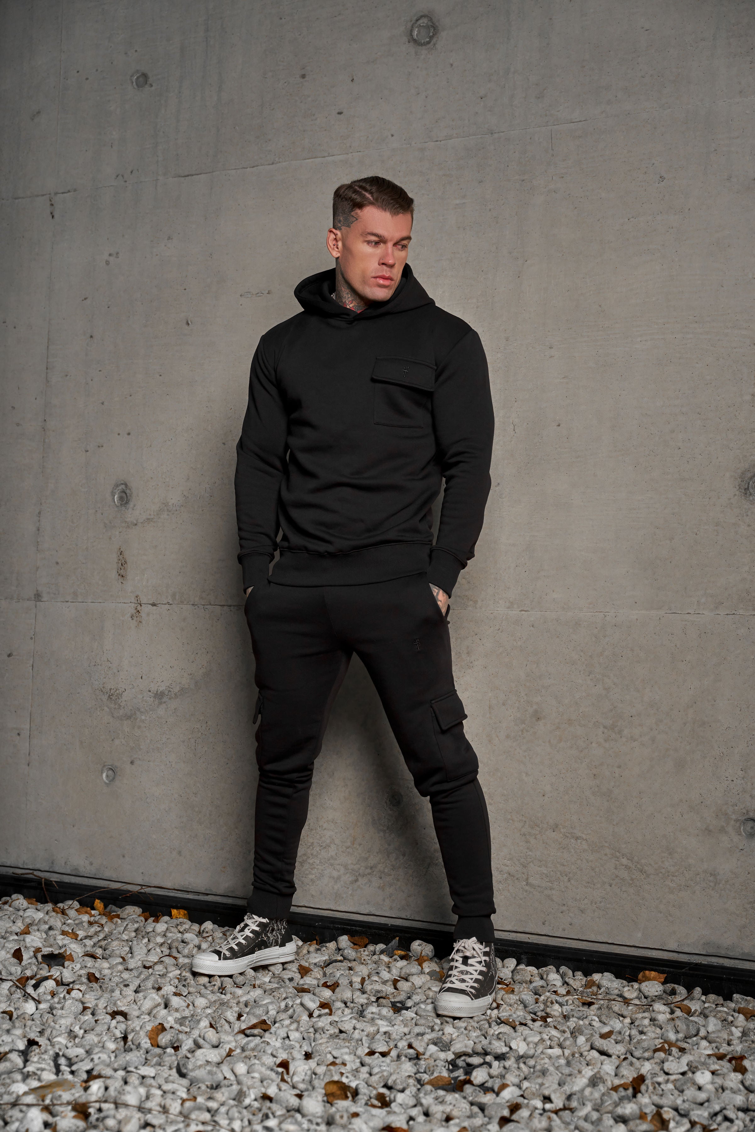 Black Cargo Hoodie With FS Embroidery - FSH929