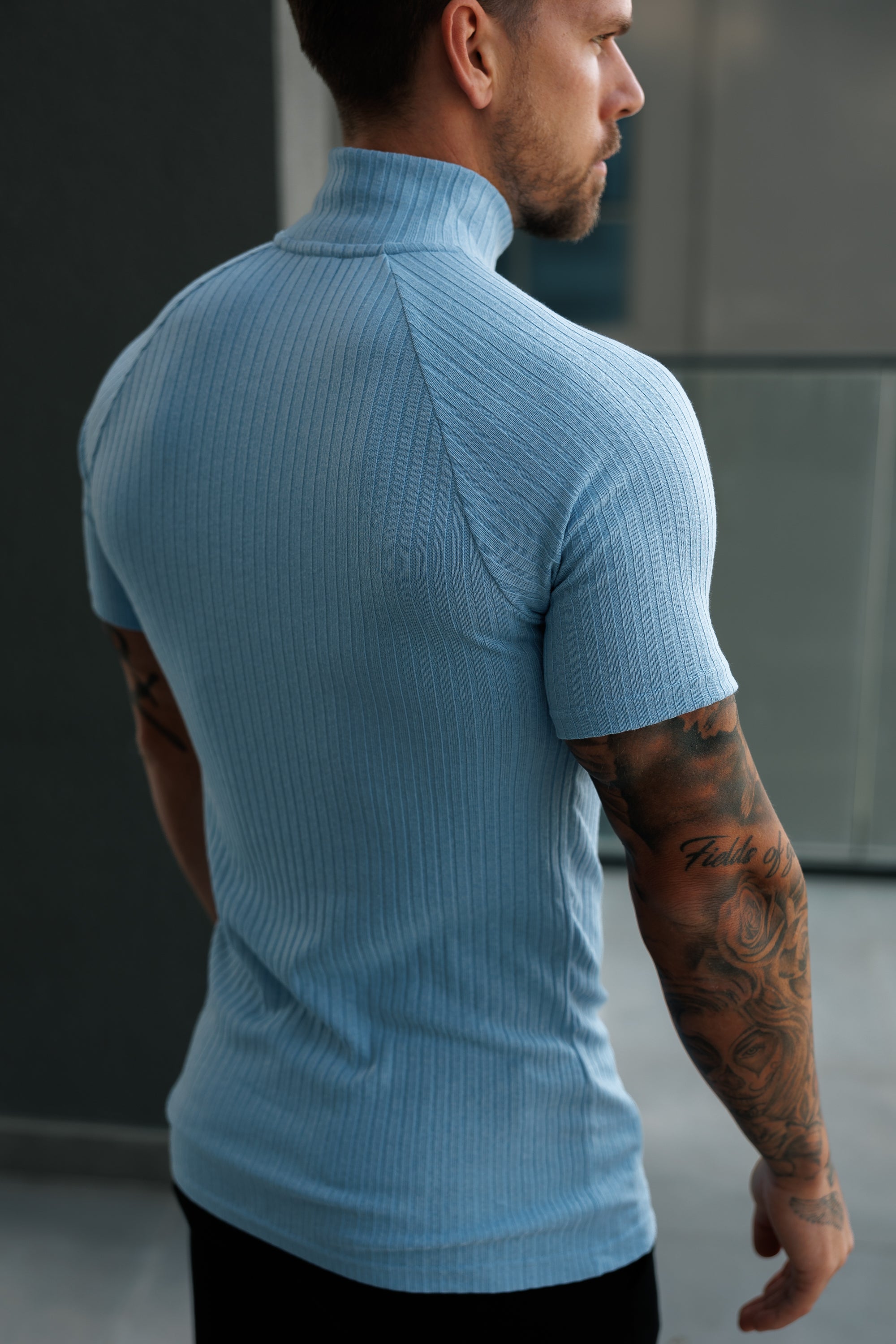 Classic Light Blue Ribbed Zip Funnel Neck Raglan Short Sleeve Crew - FSH1291