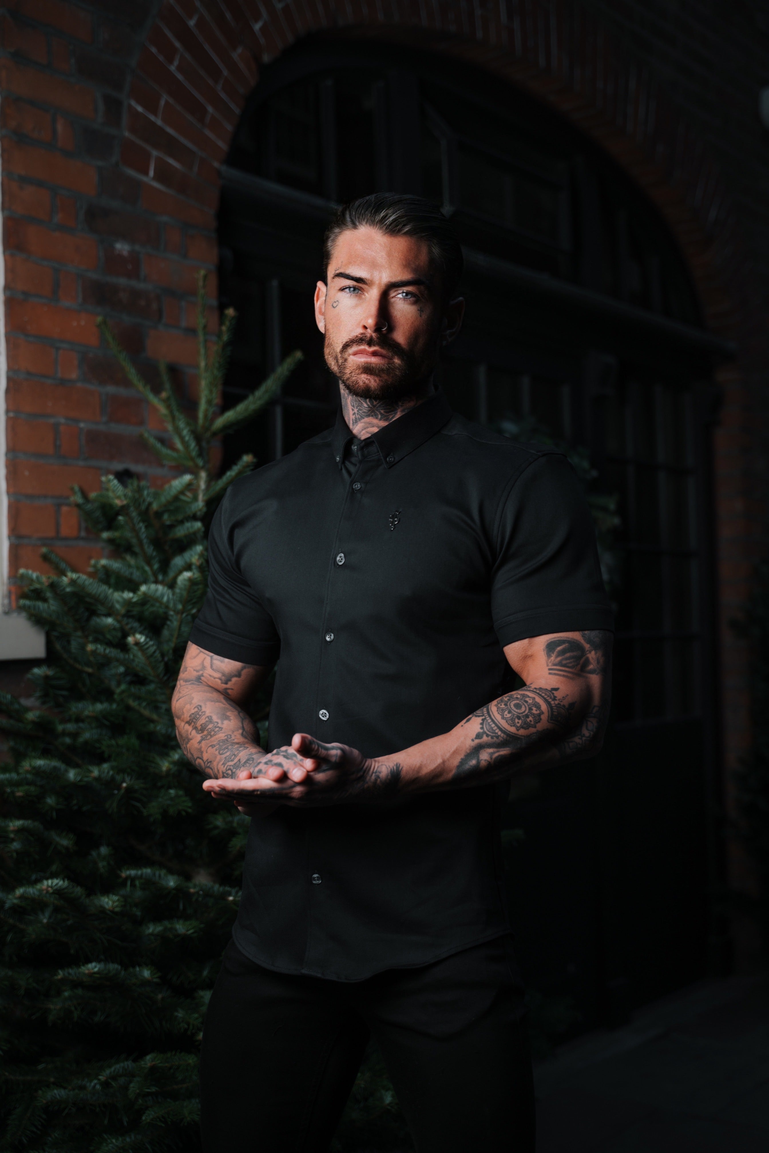 Super Slim Stretch Black Denim Short Sleeve with Metal Decal Emblem - FS643