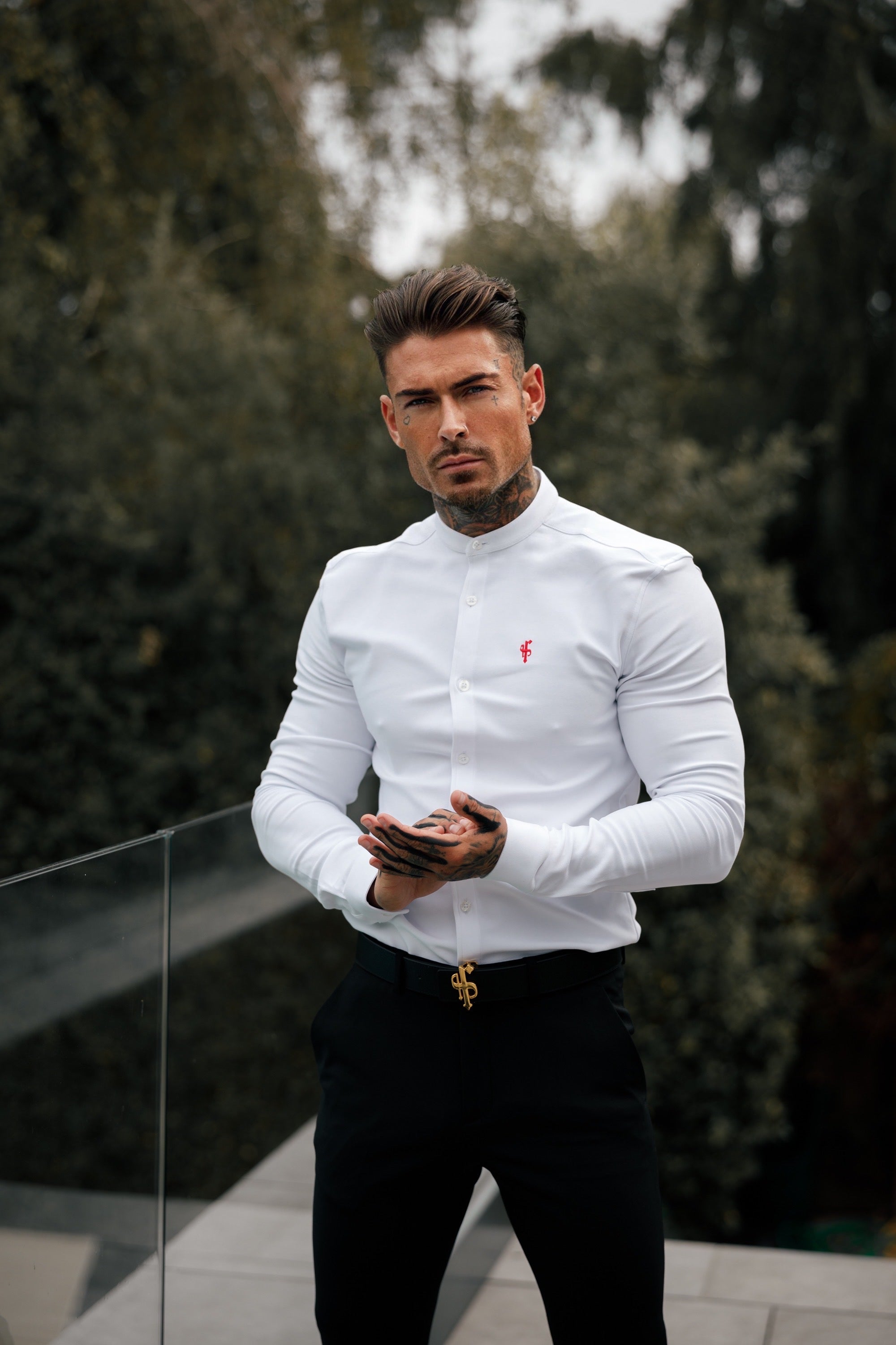 Super Slim Scuba White / Red Long Sleeve Stretch With Grandad Collar - FS939