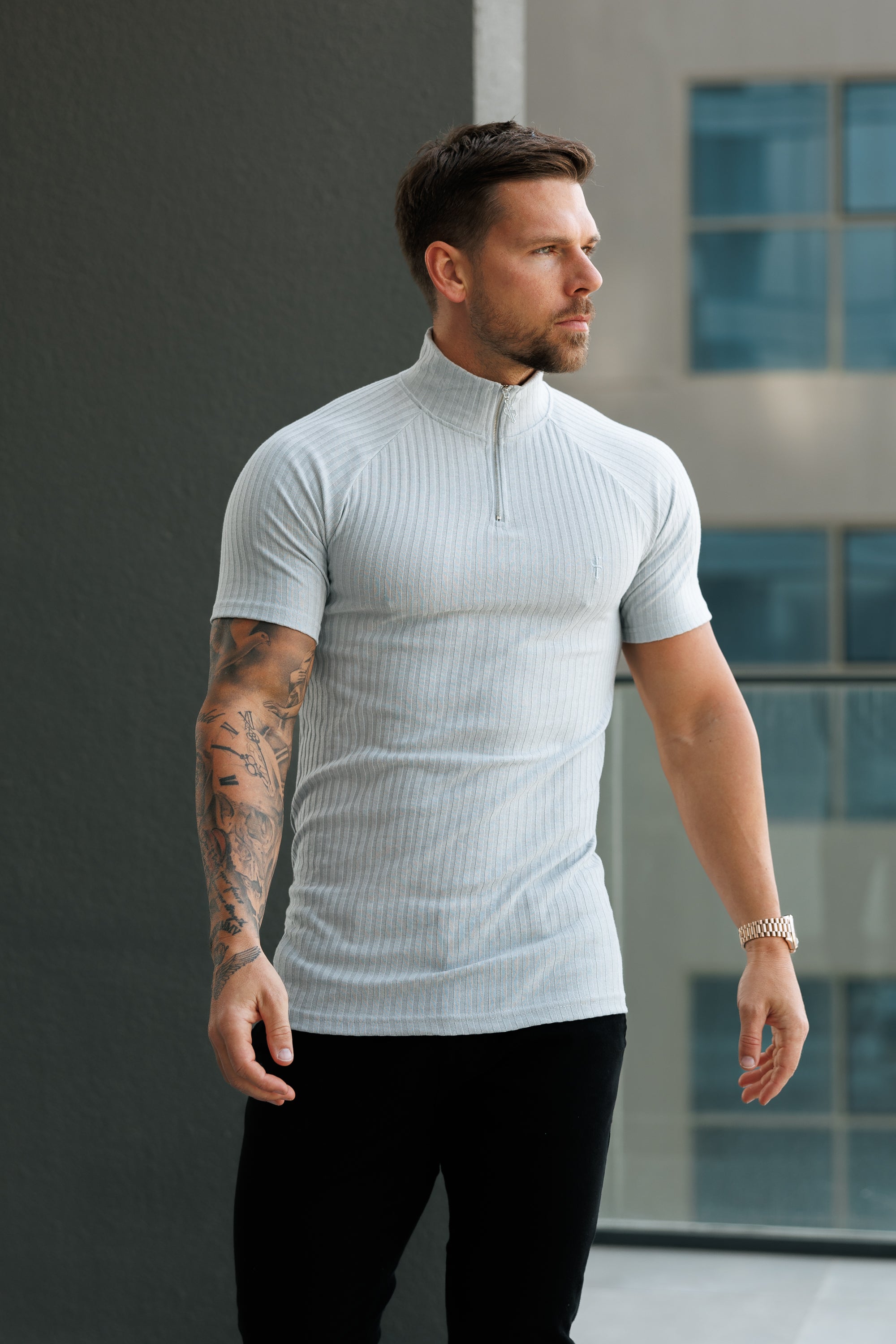 Classic Light Grey Ribbed Zip Funnel Neck Raglan Short Sleeve Crew - FSH1287