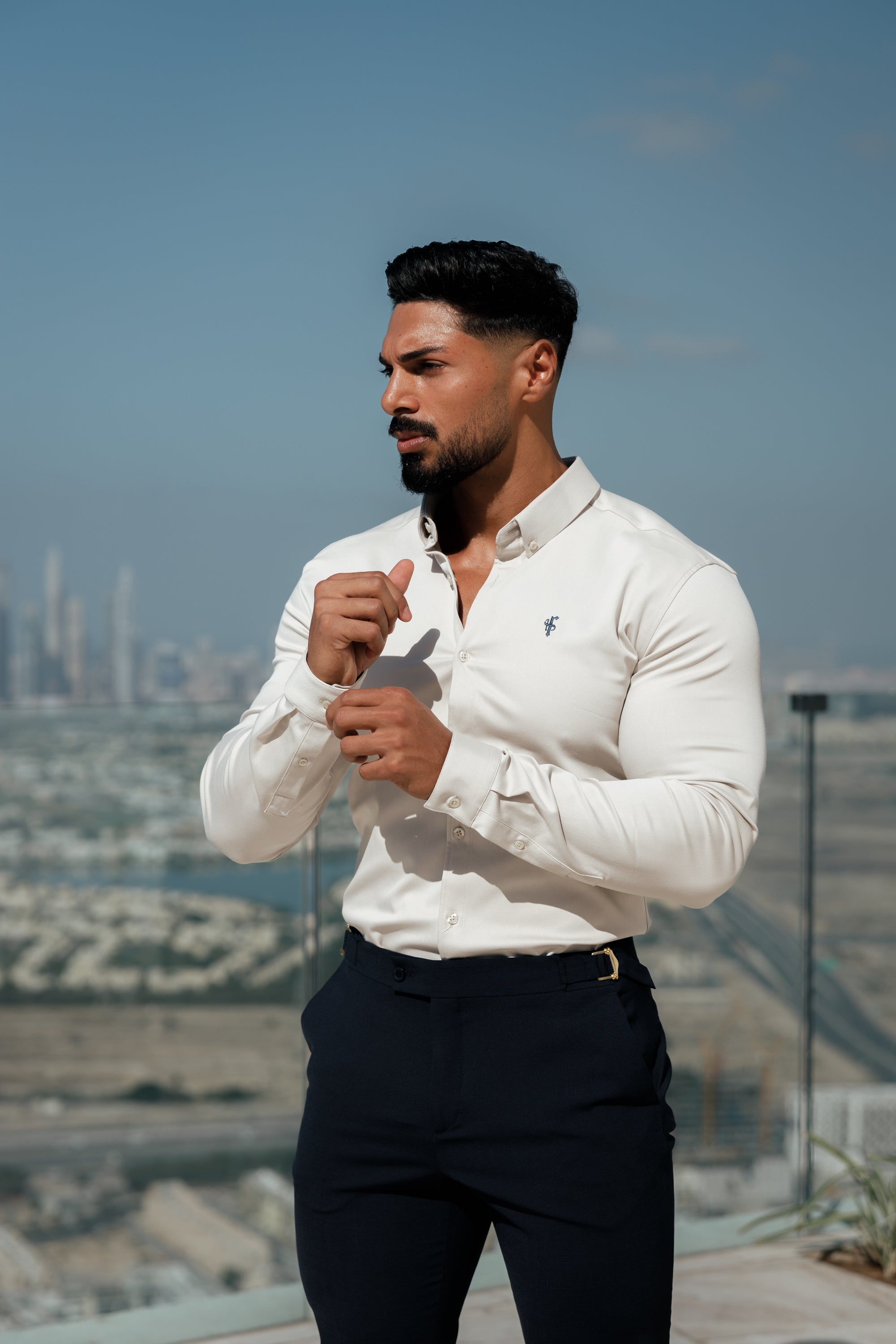 Super Slim Stretch Oatmeal Denim Long Sleeve With Button Down Collar - FS1024