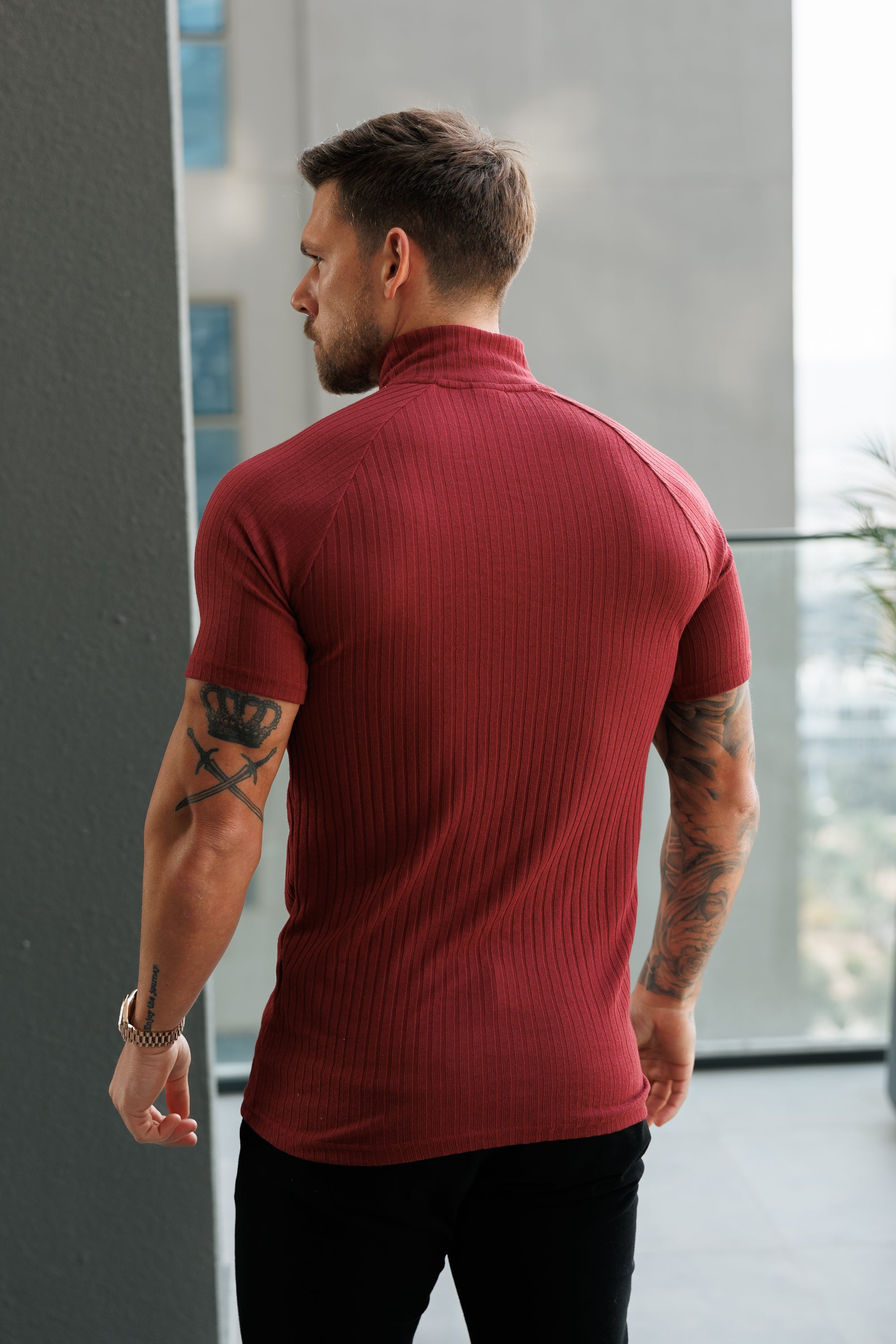 Classic Burgundy Ribbed Zip Funnel Neck Raglan Short Sleeve Crew - FSH1293