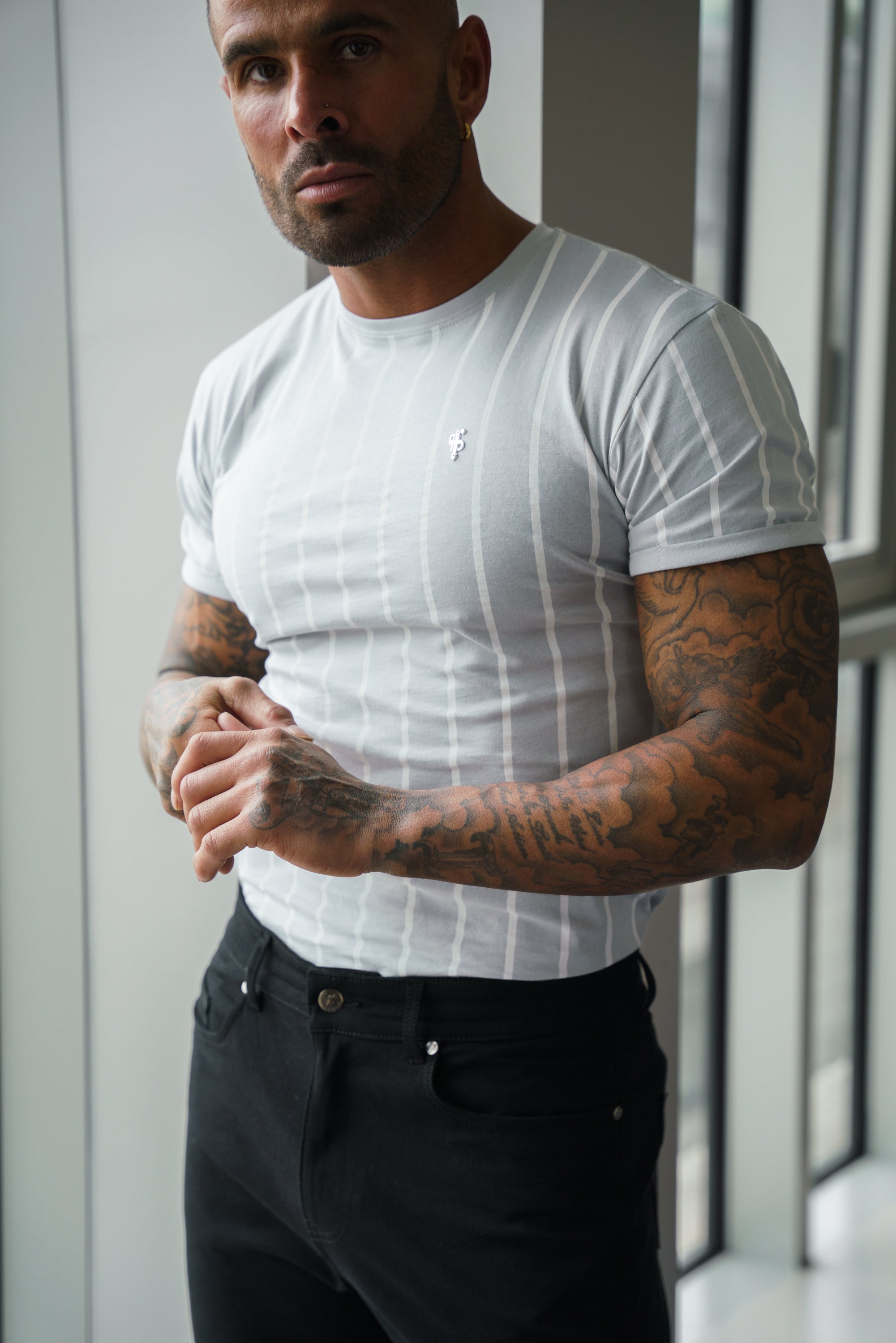 Printed Light Grey / White Stripe Fitted T Shirt - FSH1172