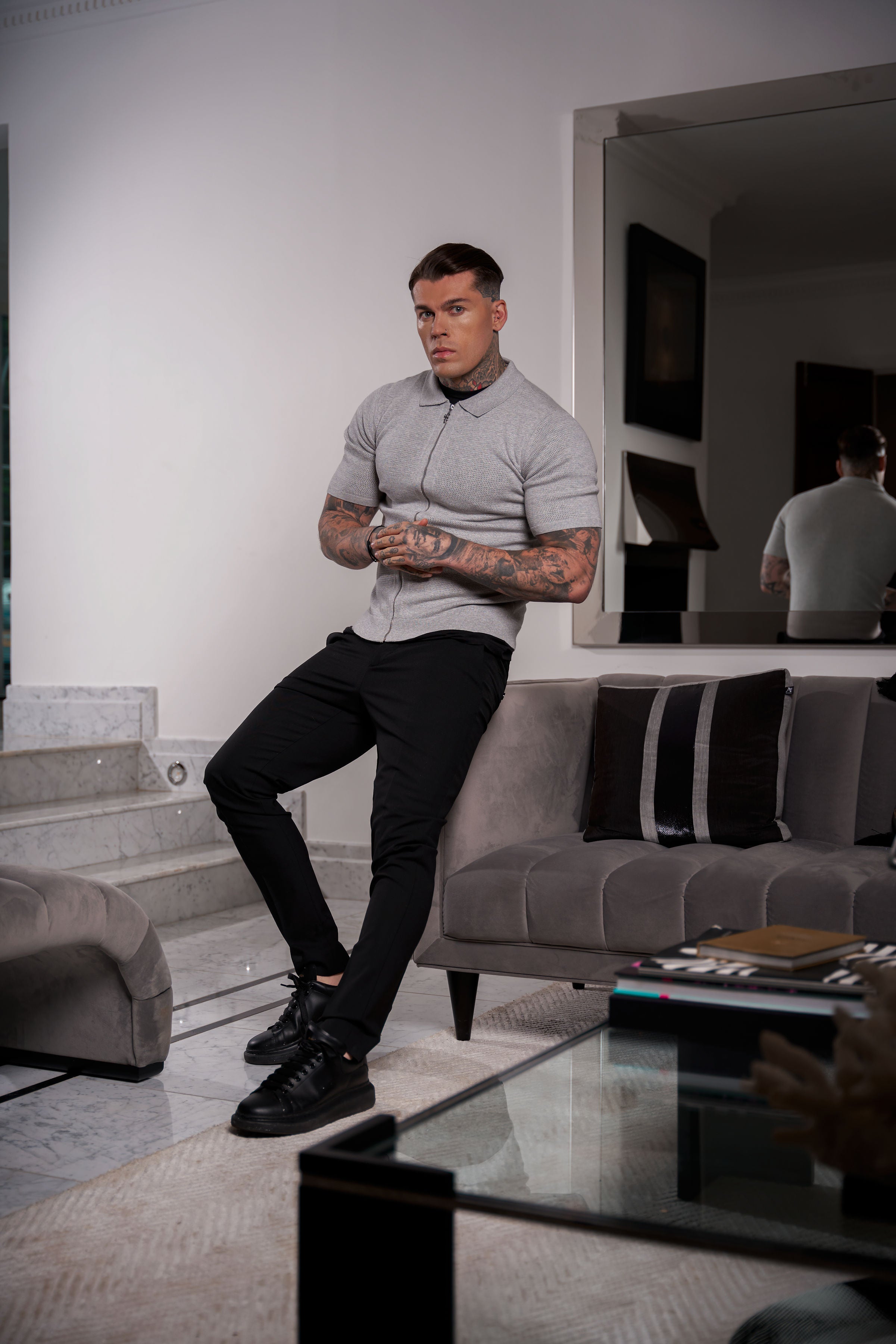 Classic Knitted Textured Design With Full Length Zip Light Grey Short Sleeve - FSN154