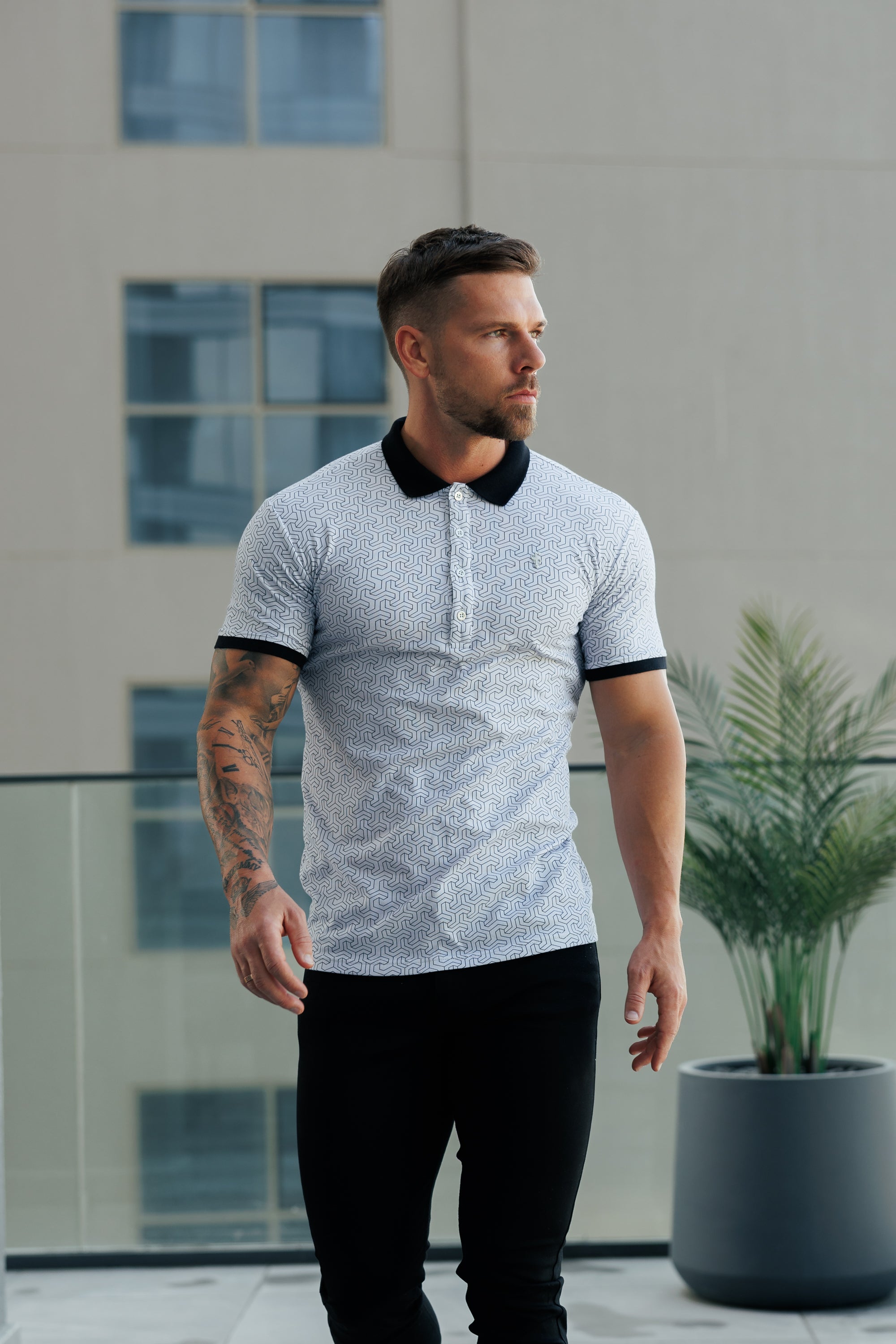 Grey / Black Geo Printed Polo Shirt - FSH1236
