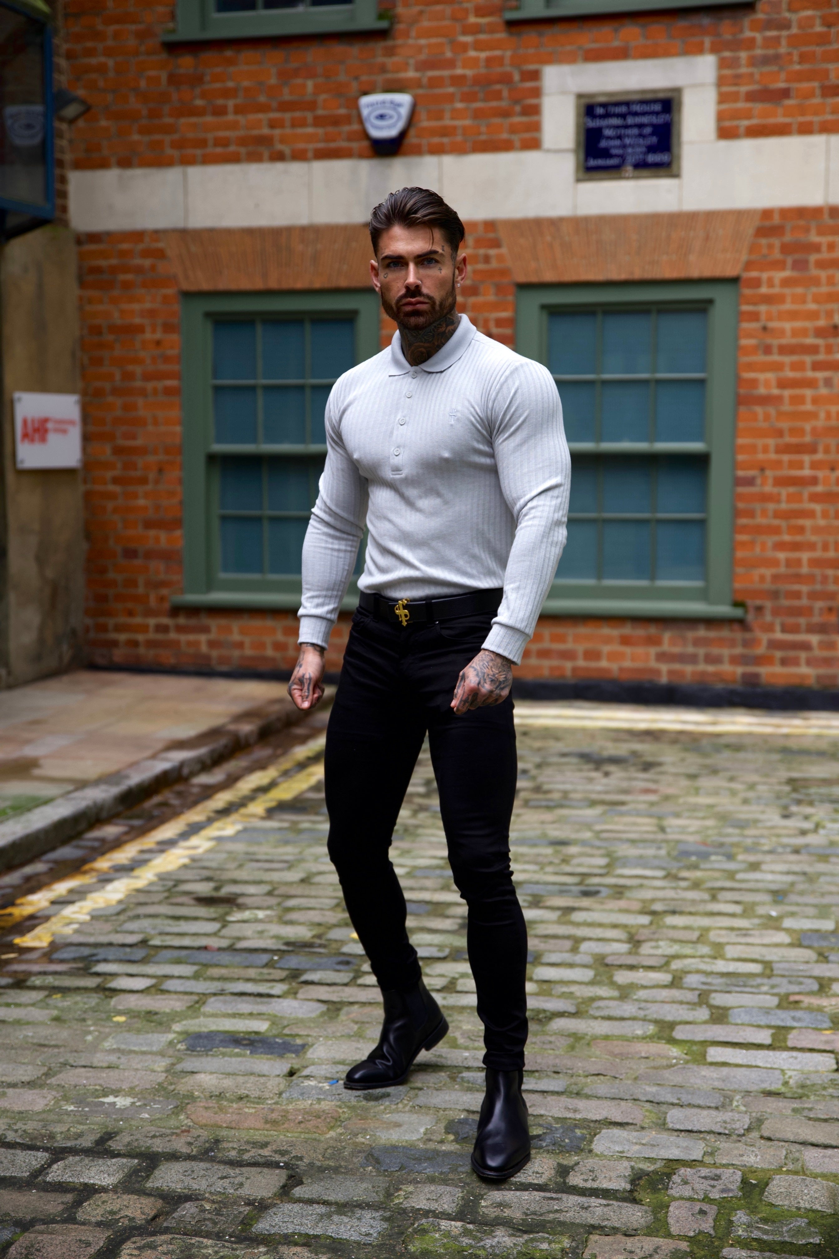 Classic Light Grey Ribbed Polo Shirt Long Sleeve - FSH972