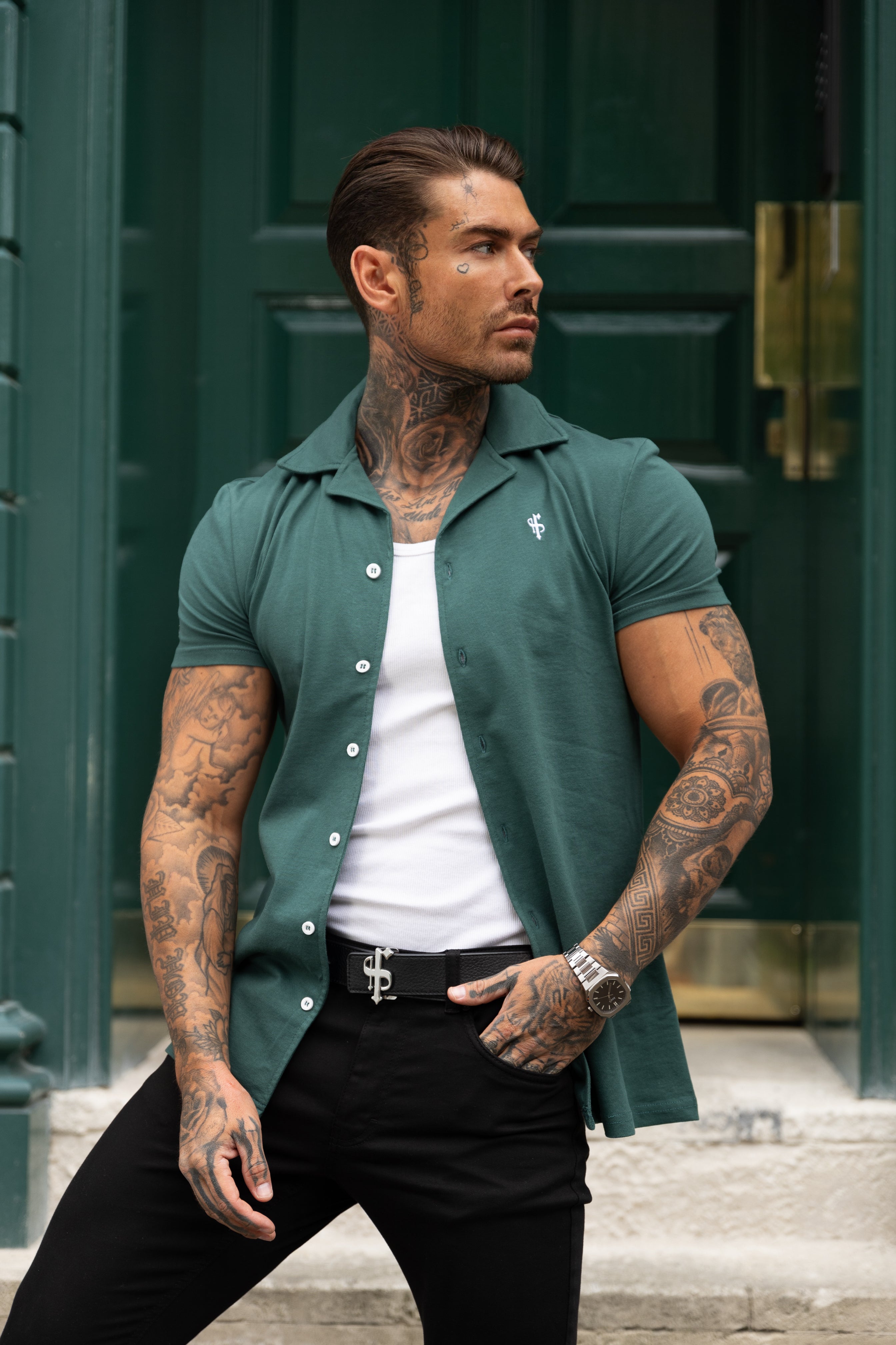 Stretch Green Pique Revere Shirt Short Sleeve - FSH1076