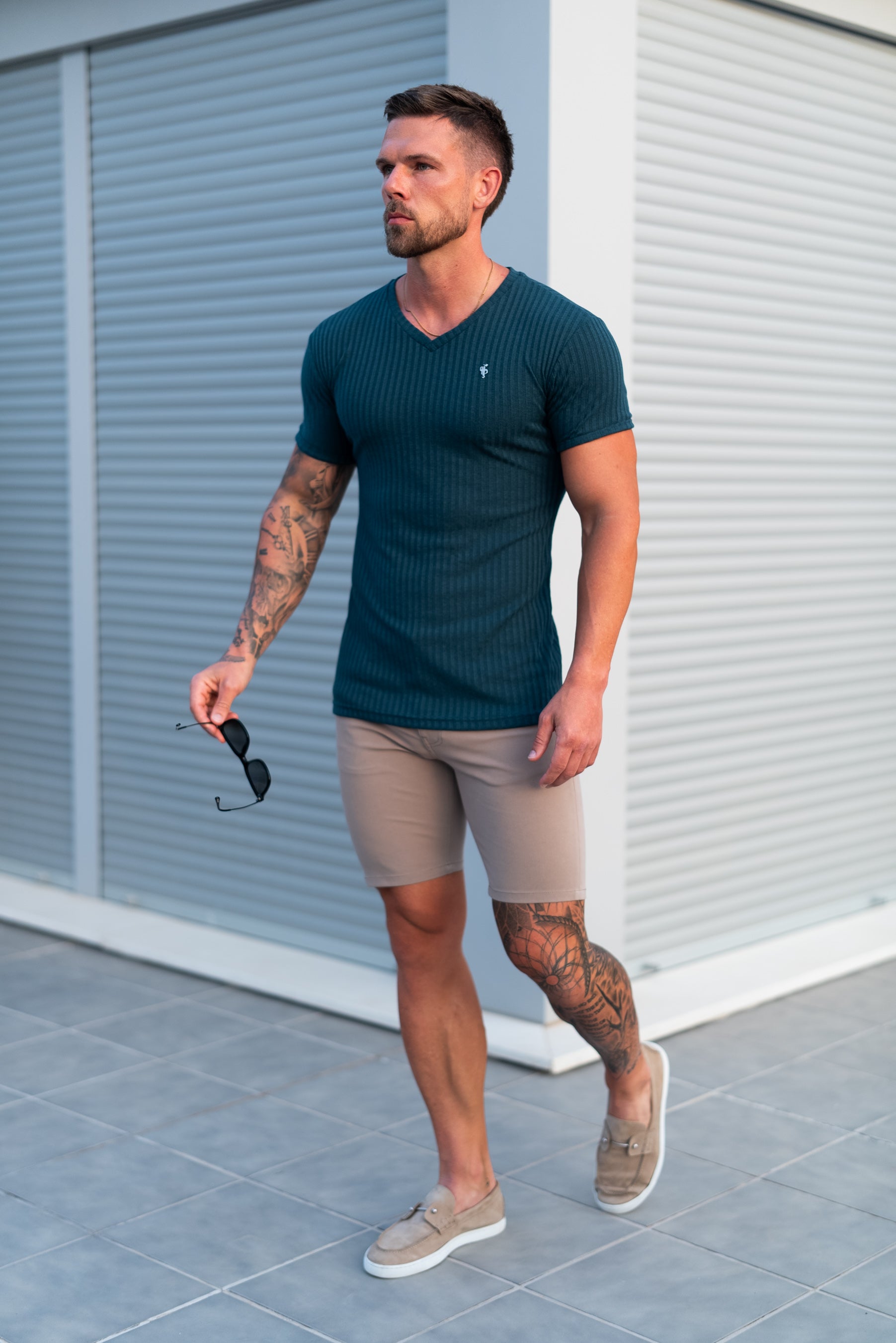 Super Slim Forest Green / Silver V Neck Ribbed Crew - FSH1368