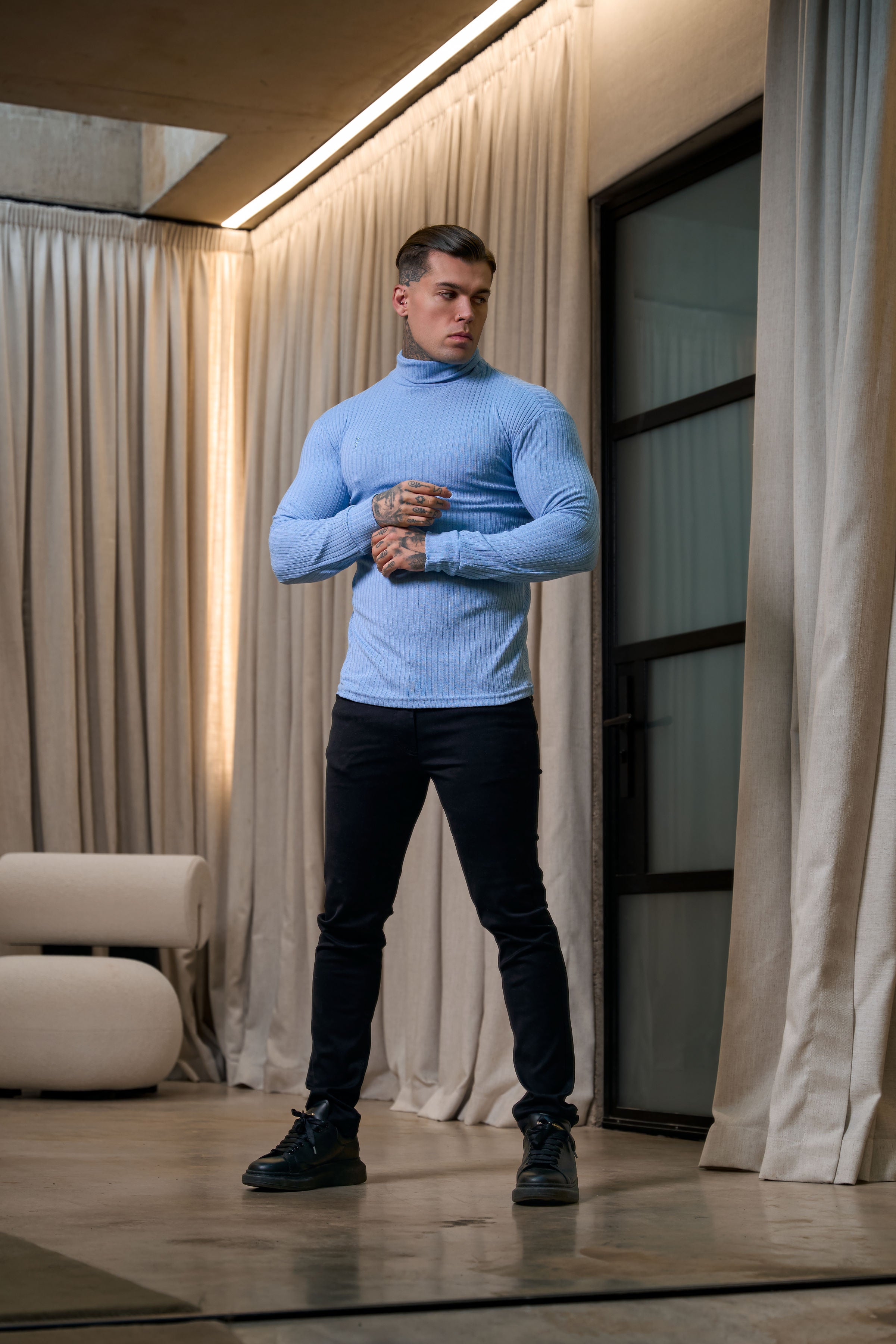 Classic Light Blue Ribbed Knit Roll-neck Jumper - FSH1301