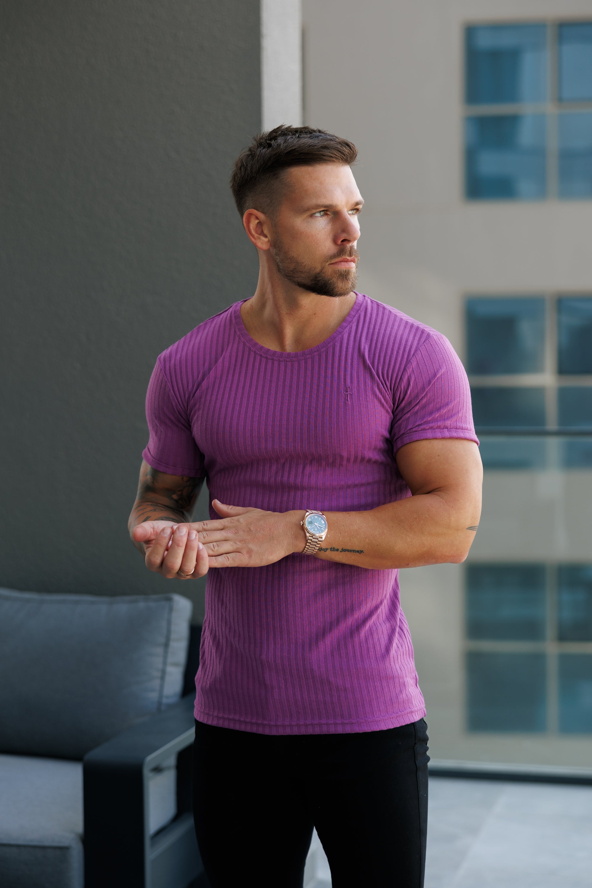 Classic Light Purple Ribbed Knit Super Slim Short Sleeve Crew - FSH1161