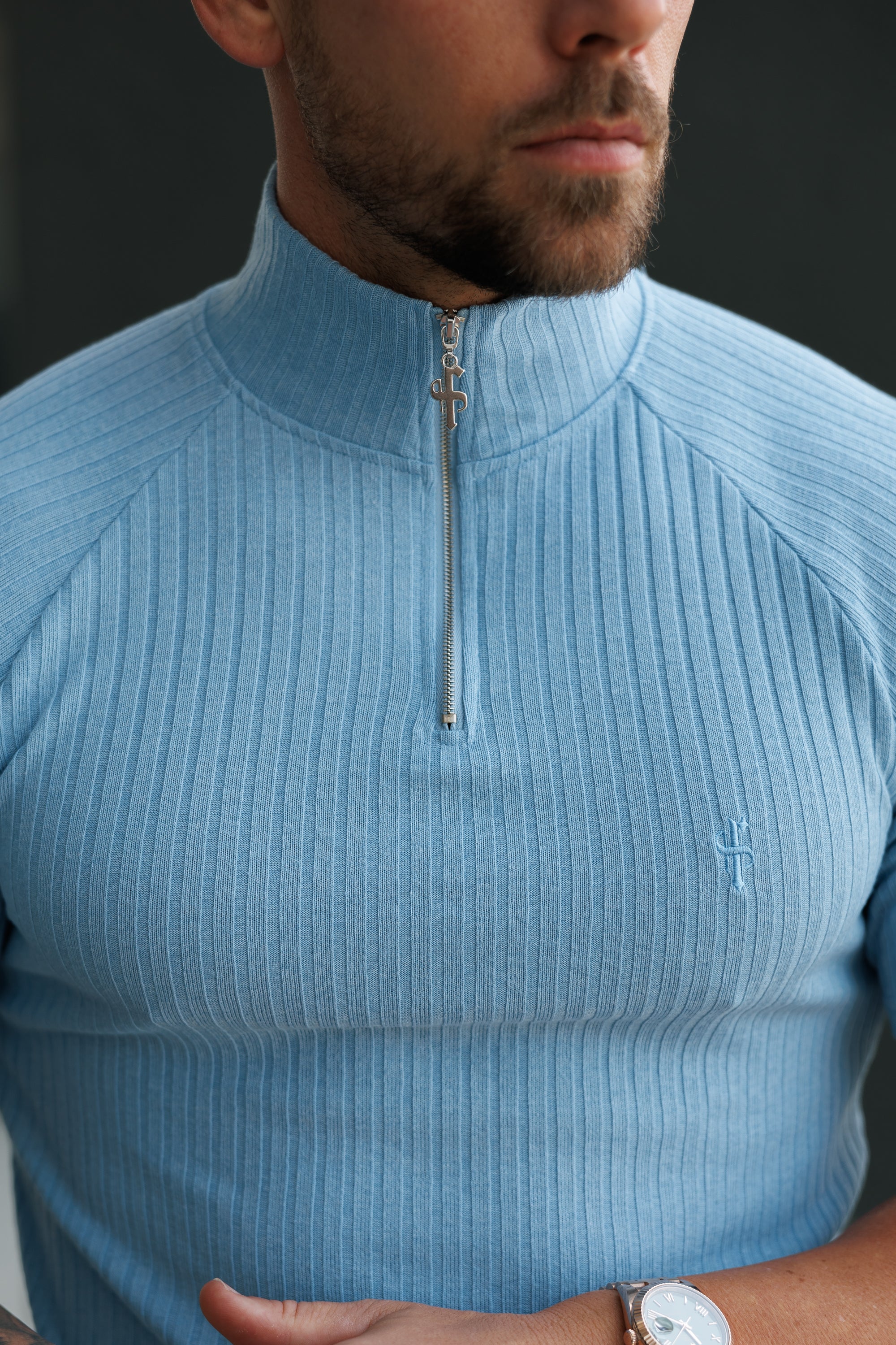 Classic Light Blue Ribbed Zip Funnel Neck Raglan Short Sleeve Crew - FSH1291