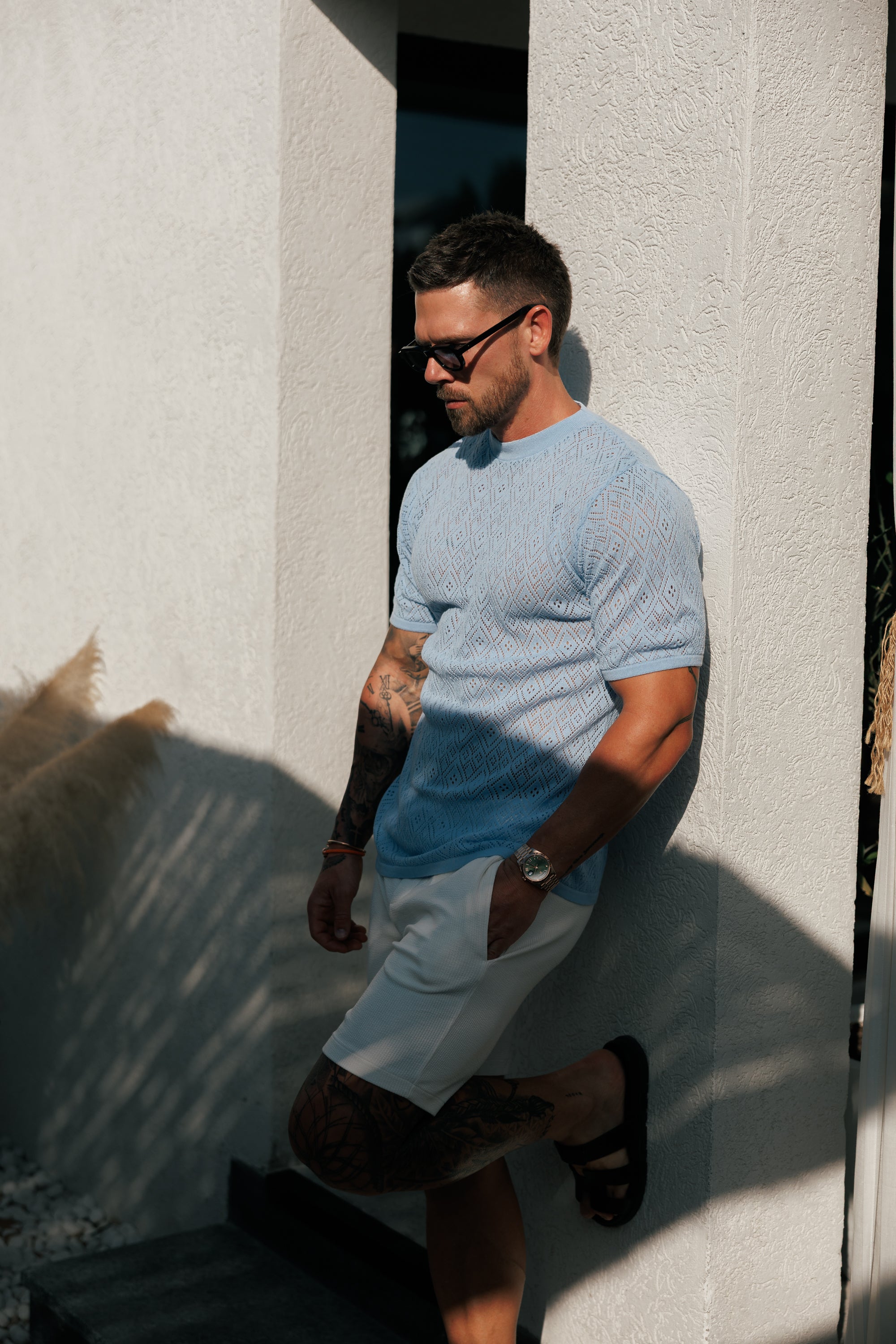 Crochet Crew T-Shirt Blue Short Sleeve - FSJ088