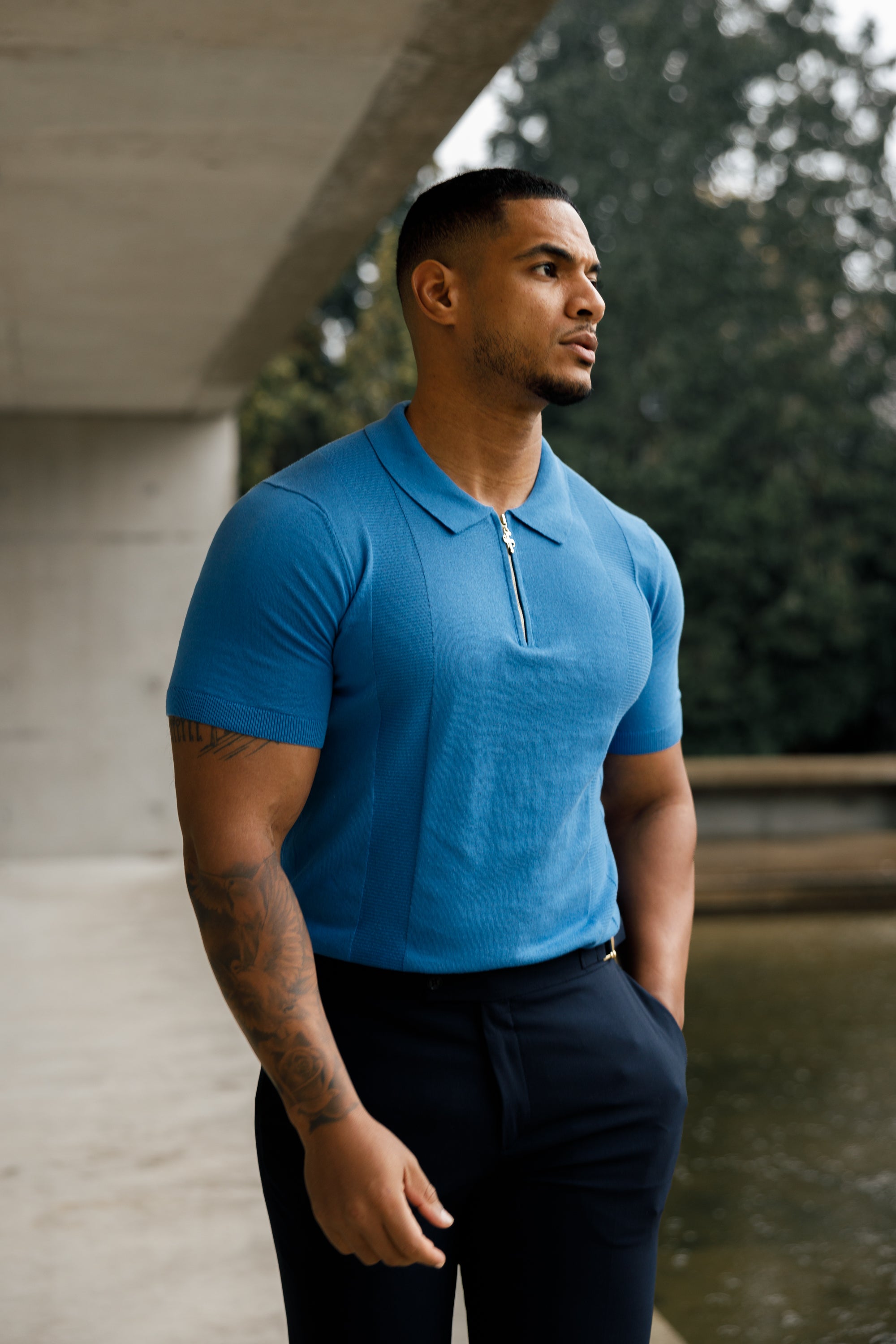 Classic Mid Blue and Gold Zip Knitted Polo Shirt Short Sleeve - FSN134