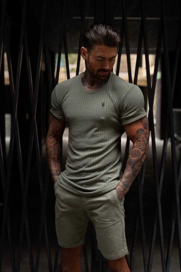 Father Sons Classic Olive / Black Ribbed Knit Super Slim Short Sleeve Crew - FSH1089 (PRE ORDER 17TH MAY)