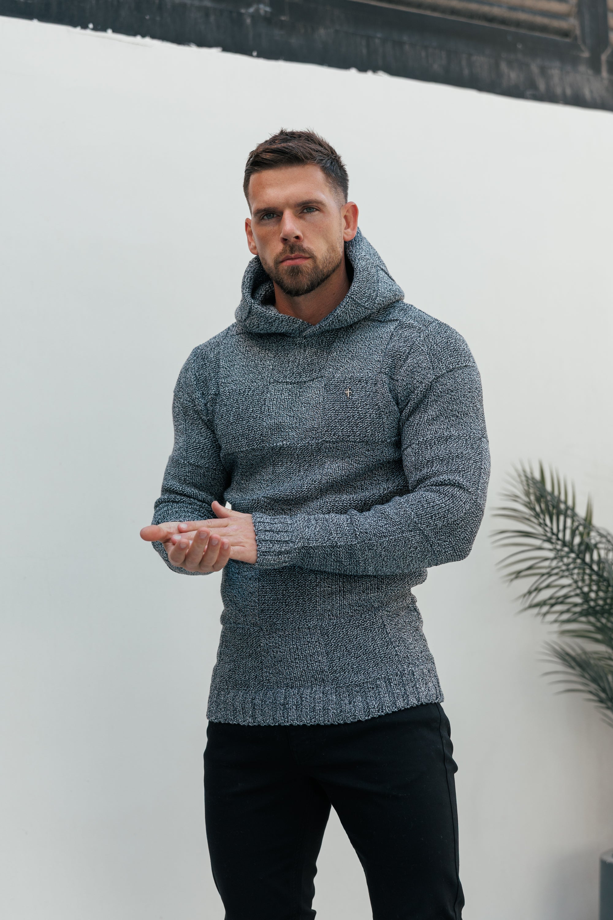 Black / White Two Tone Checkerboard Knitted Hoodie - FSJ134