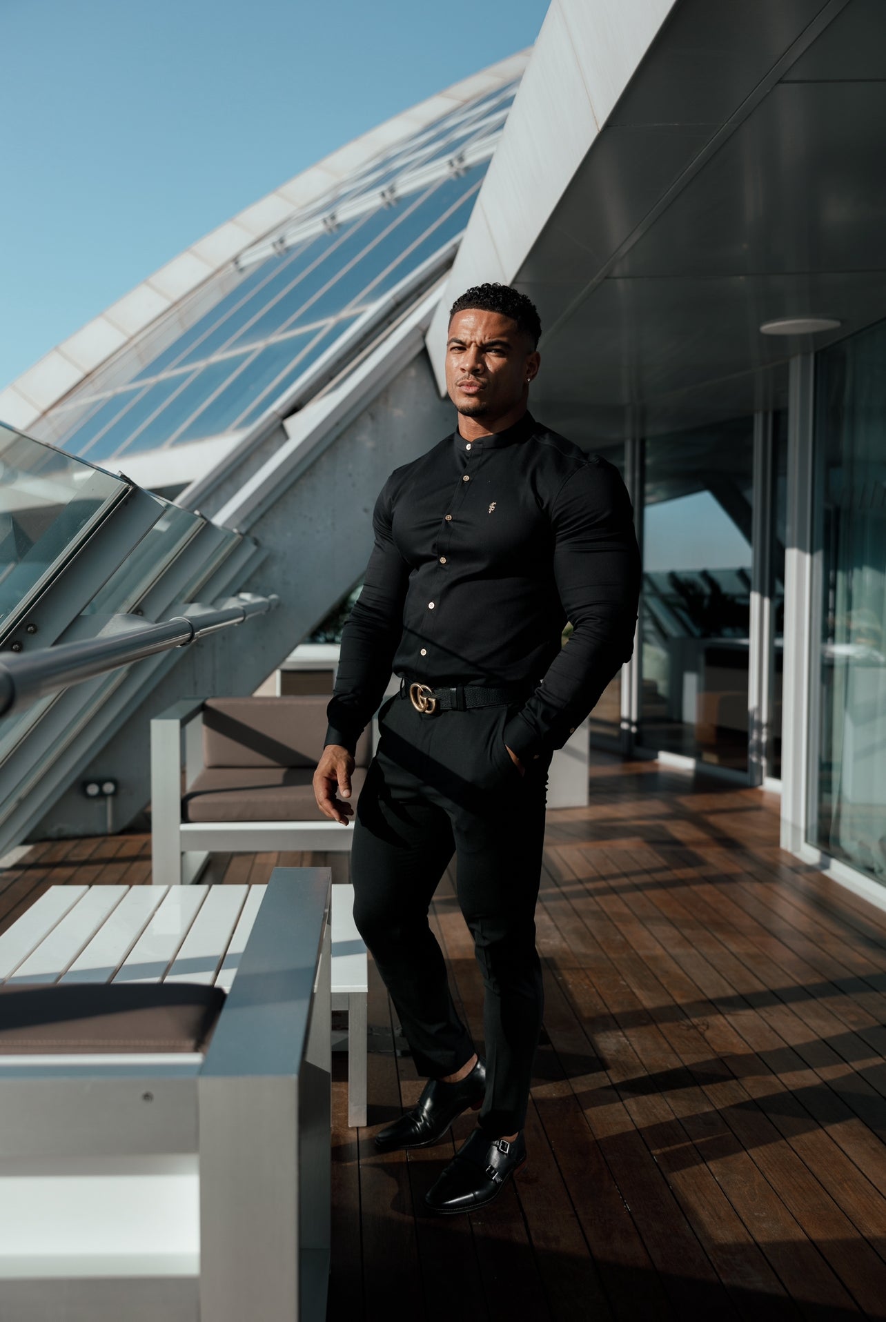 Super Slim Stretch Black Denim Long Sleeve Grandad collar with Metal Buttons and Decal Emblem - FS707