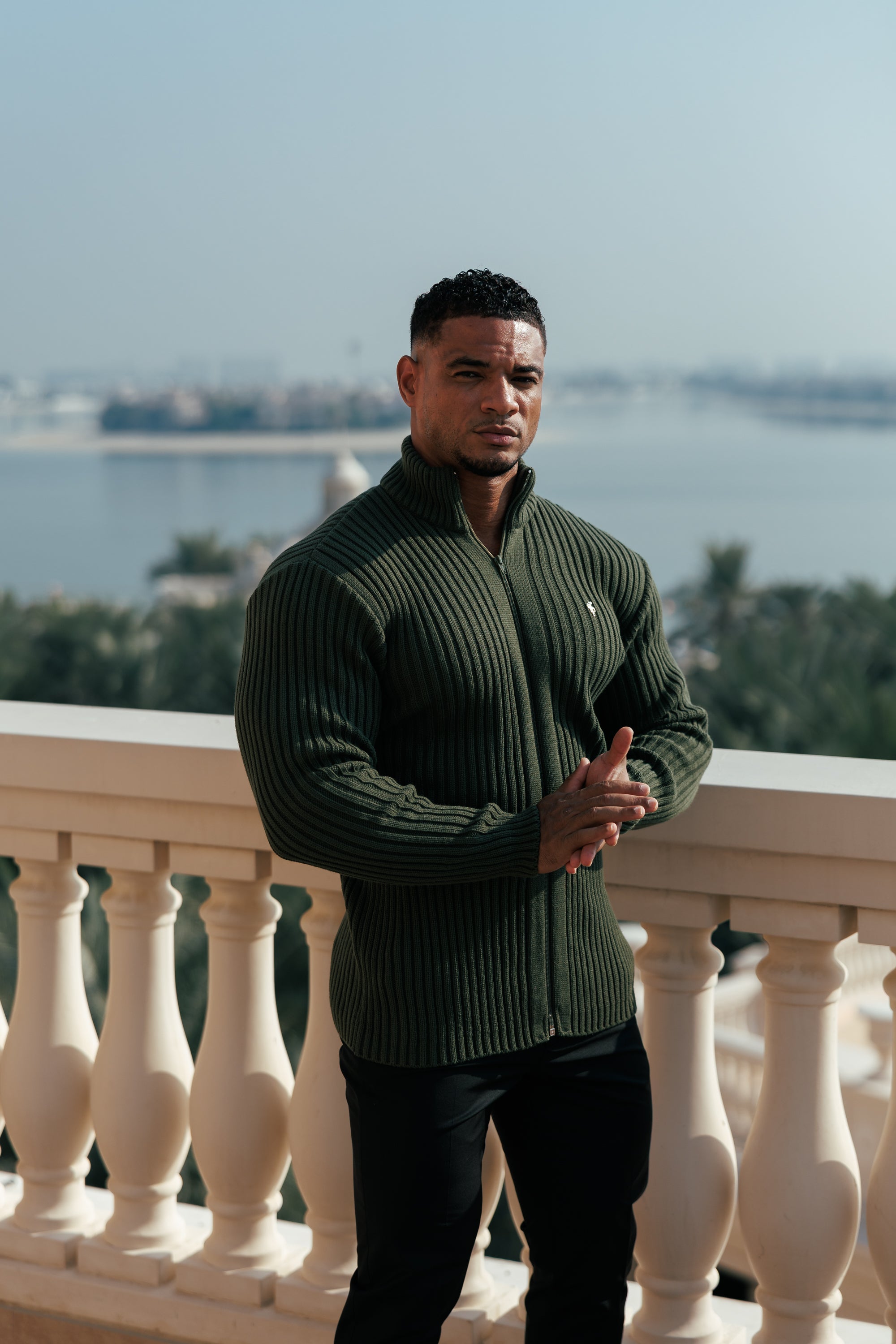 Chunky Olive Ribbed Zipped Cardigan with Gold Emblem- FSJ095