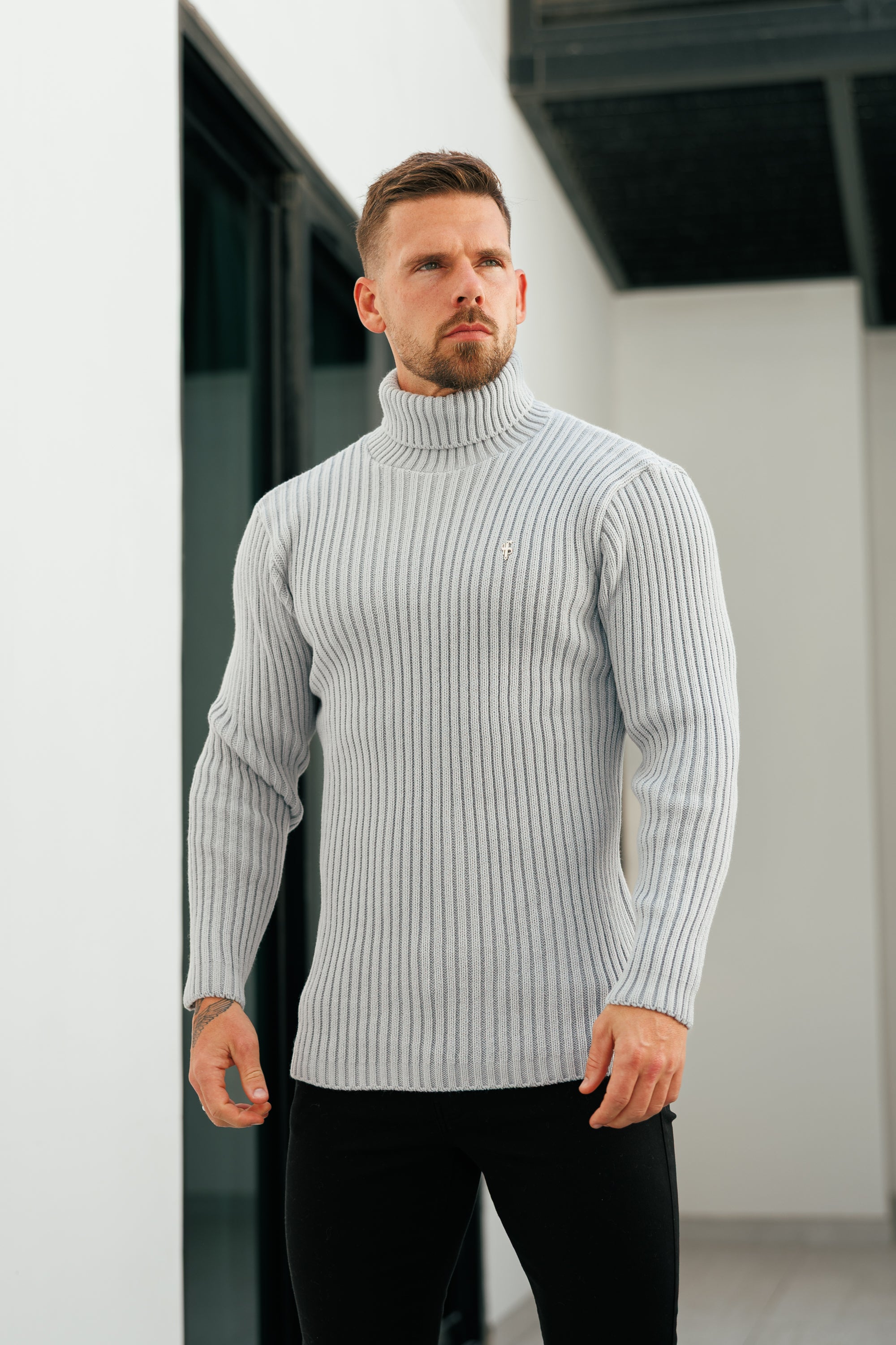 Ribbed Knit Cop Grey Roll Neck Jumper - FSJ116