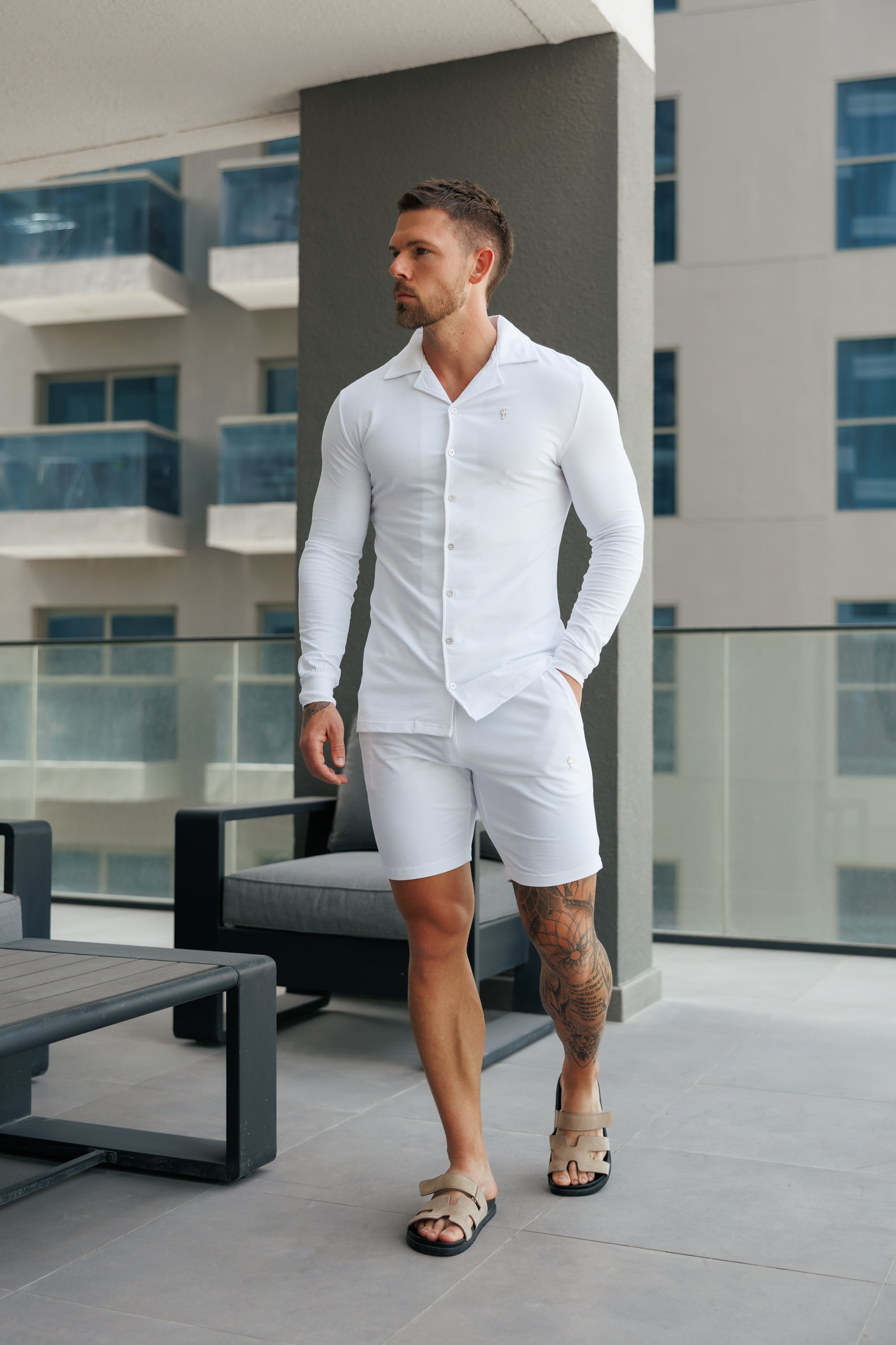 Stretch White Pique Revere Shirt Long Sleeve - FSH1352
