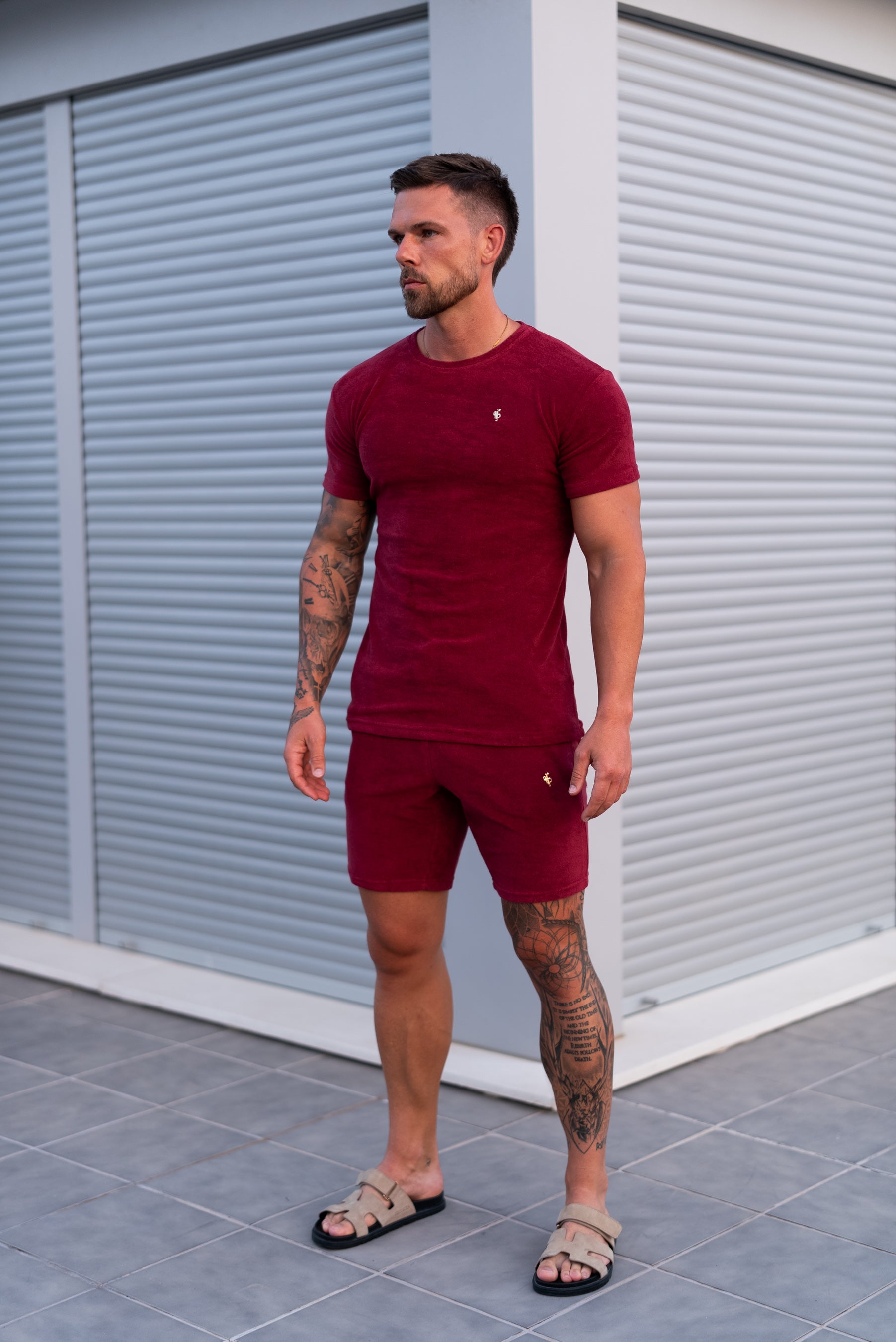 Burgundy / Gold Towelling Crew T Shirt - FSH1349