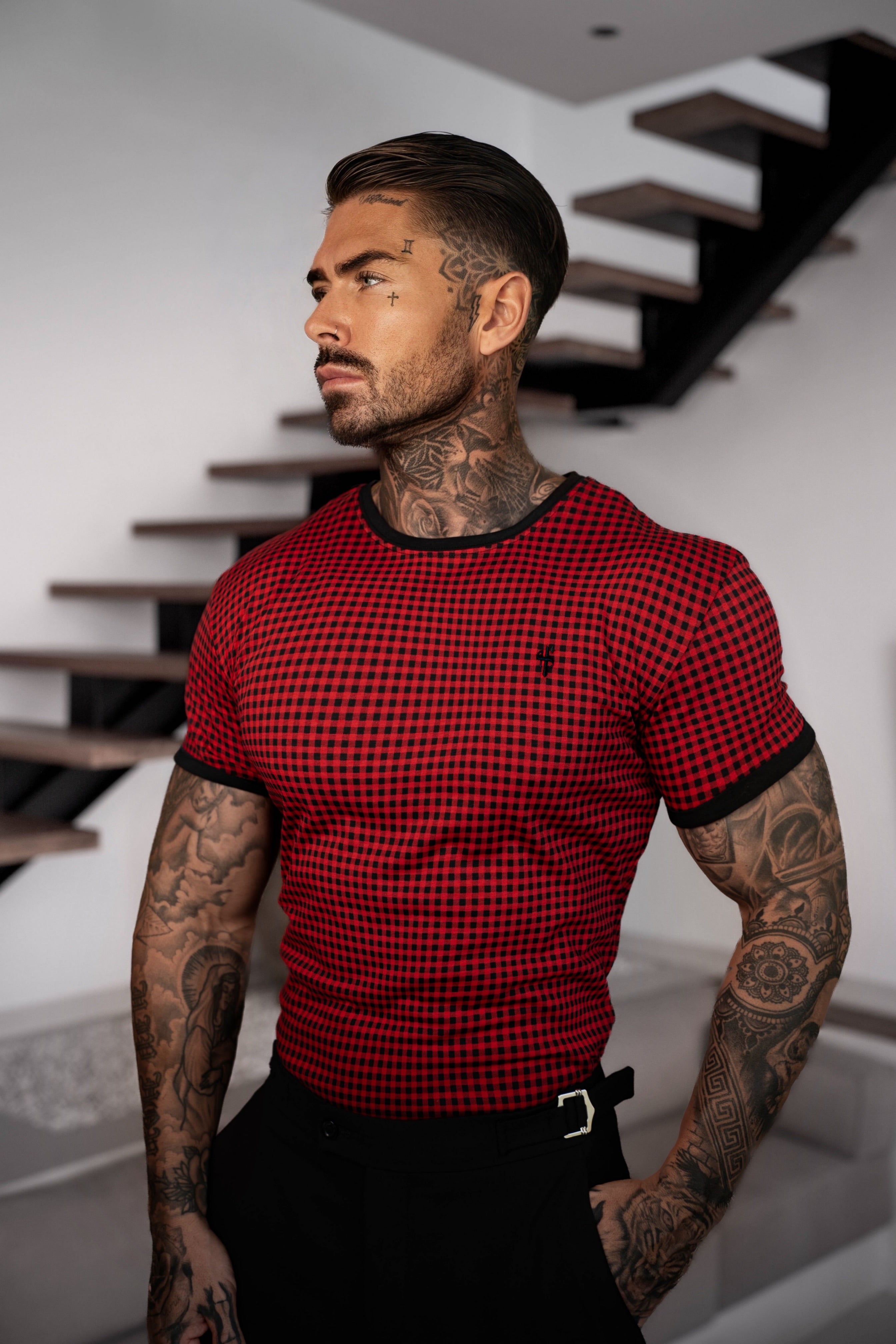 Printed Black / Red Check Fitted T Shirt - FSH1237