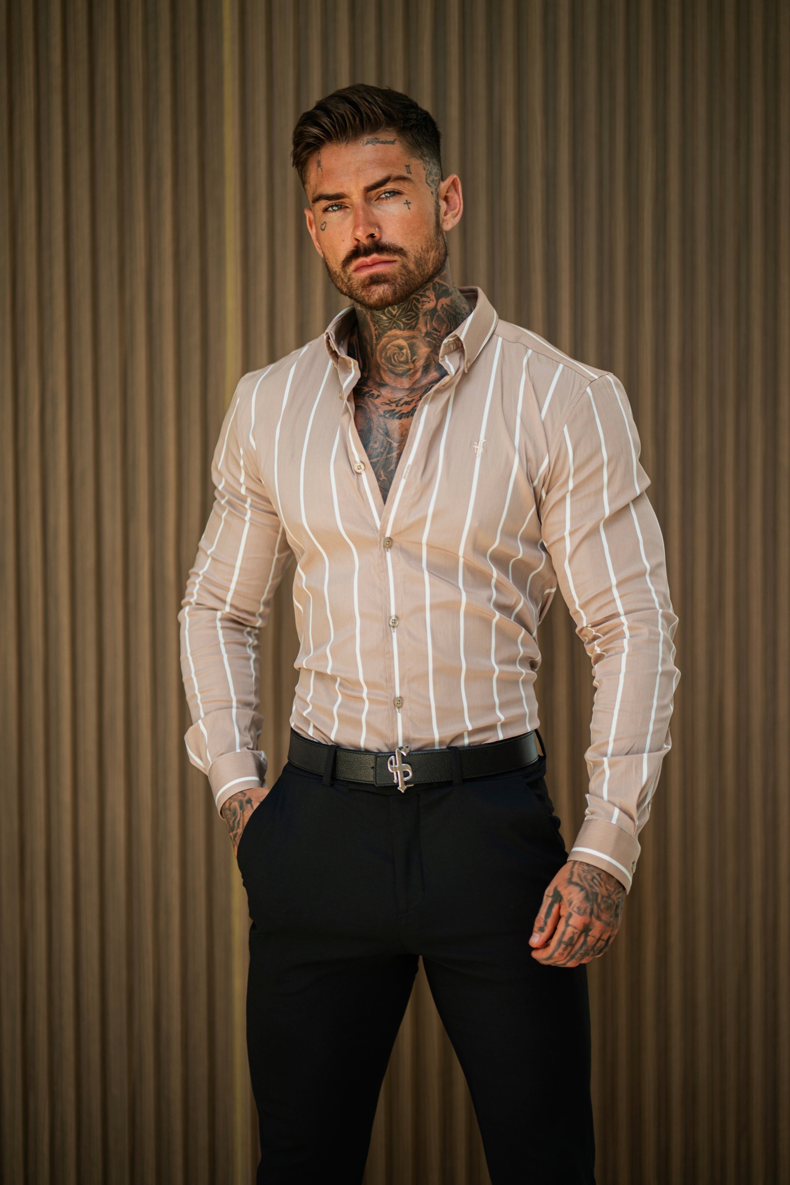 Super Slim Stretch Taupe Printed Wide Stripe Long Sleeve with Button Down Collar - FS1065