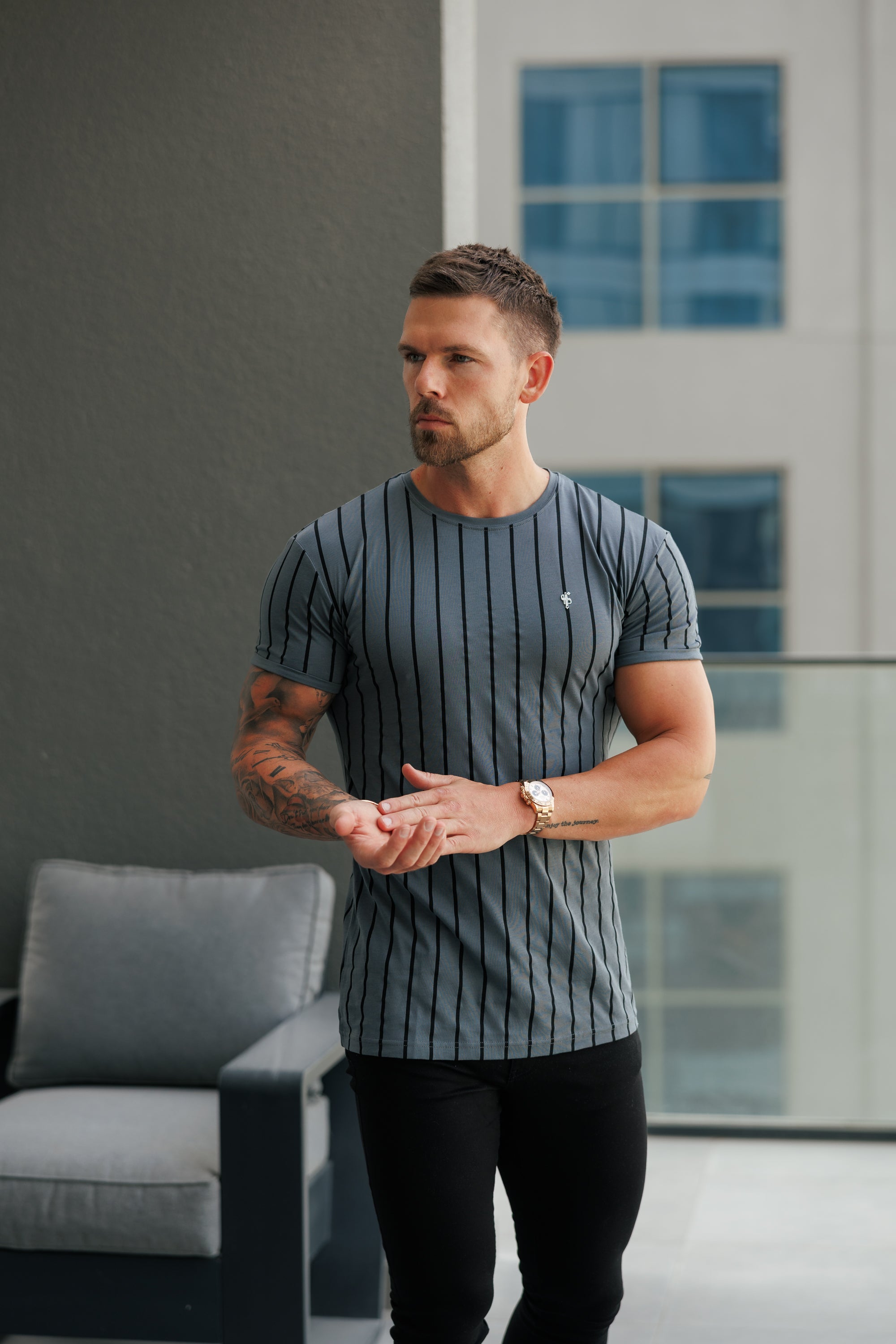 Printed Charcoal / Black Stripe Fitted T Shirt - FSH1375