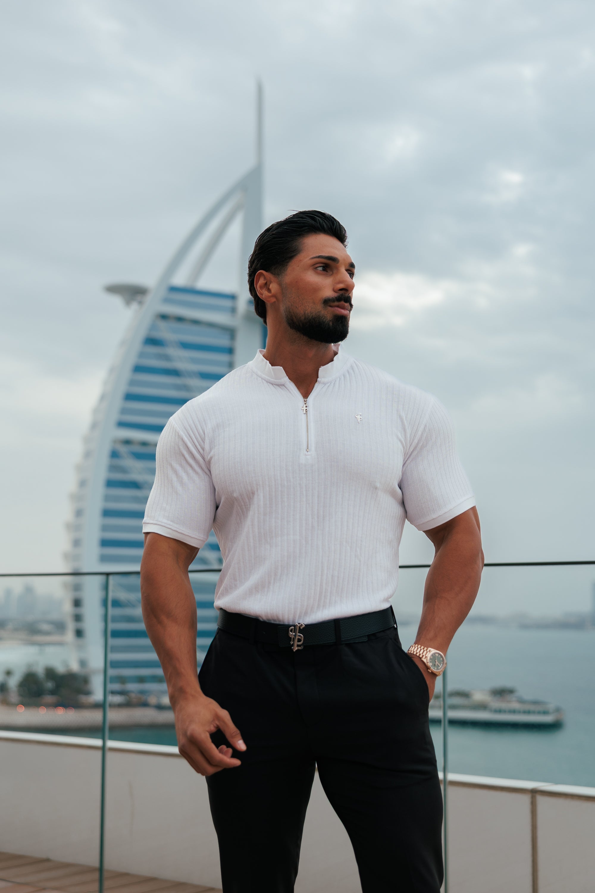 Classic White / Silver Ribbed Zip Grandad Collar Shirt Short Sleeve - FSH1447