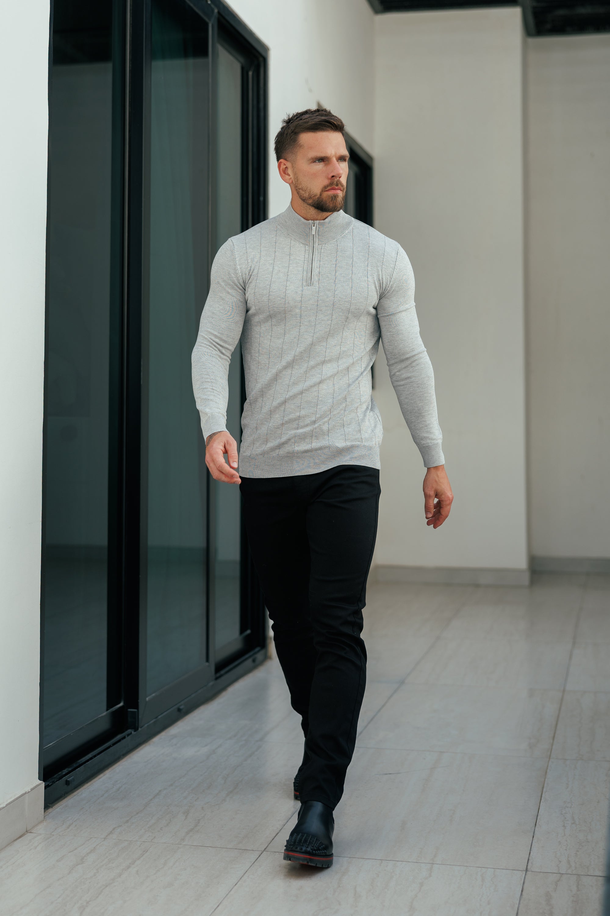 Self Stripe 1/4 Zip Funnel Neck Knit Jumper Silver Grey Long Sleeve - FSR051