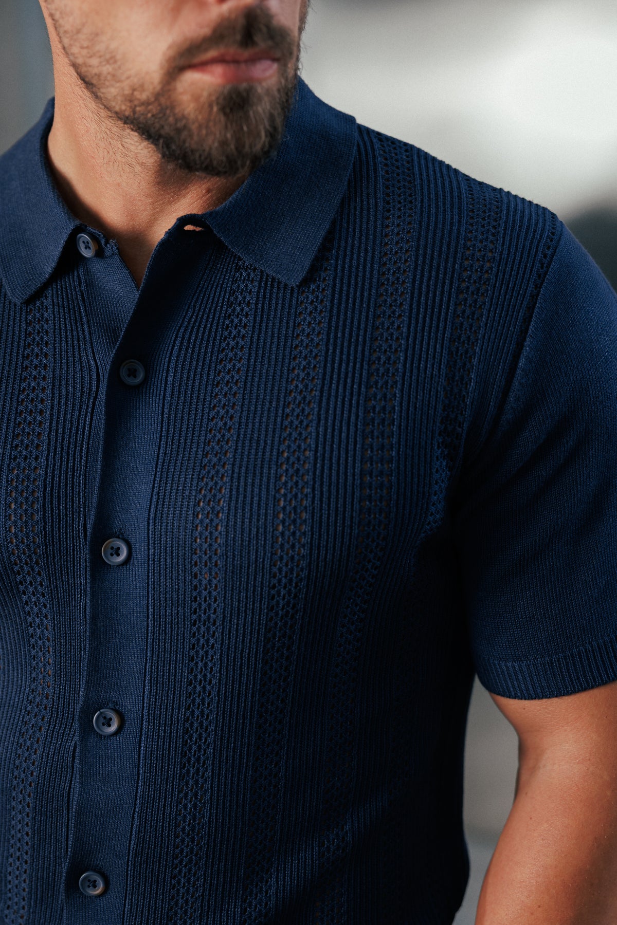 Navy Stripe Perforated Shirt Short Sleeve - FSA020