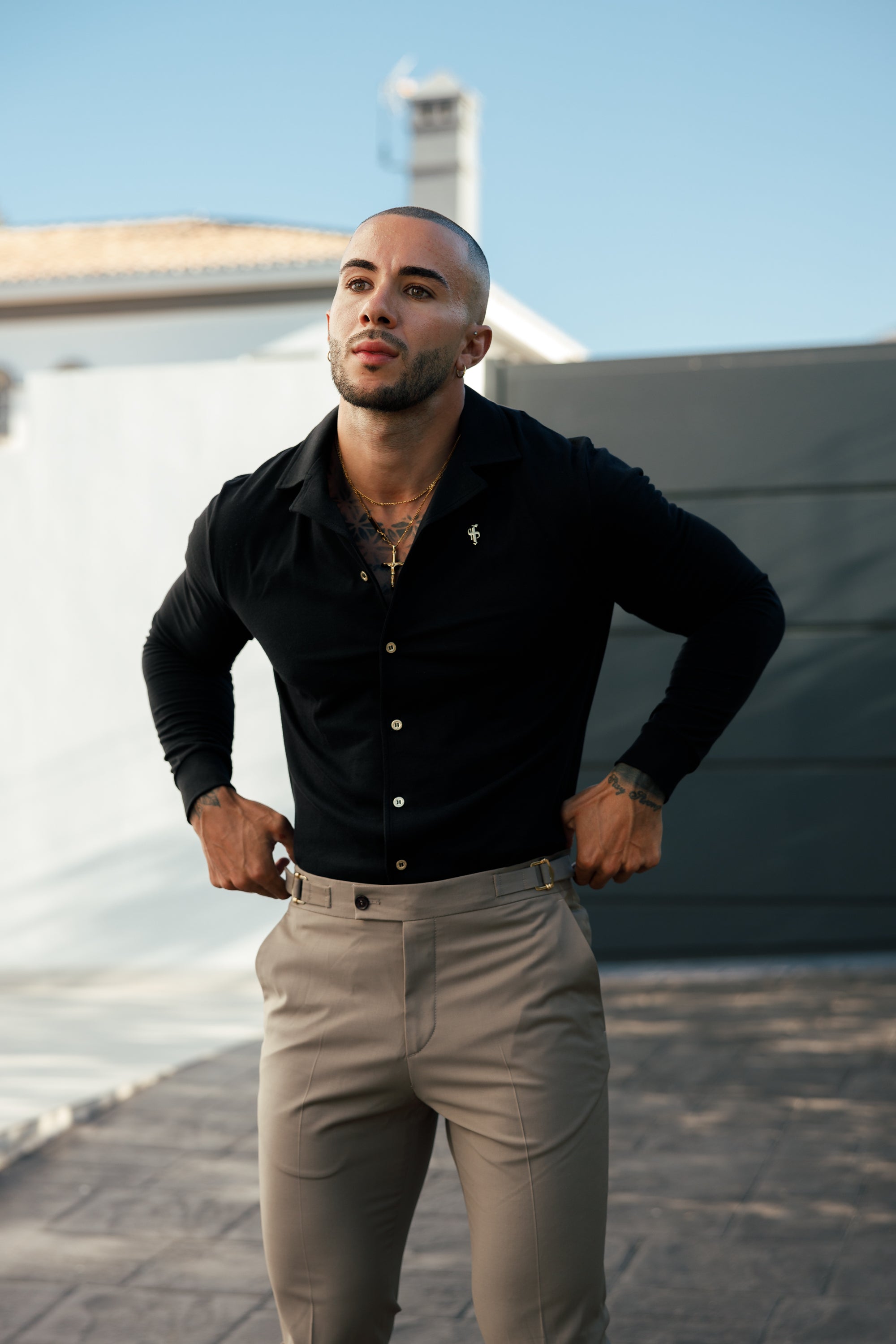 Stretch Black Pique Revere Shirt Long Sleeve - FSH1207