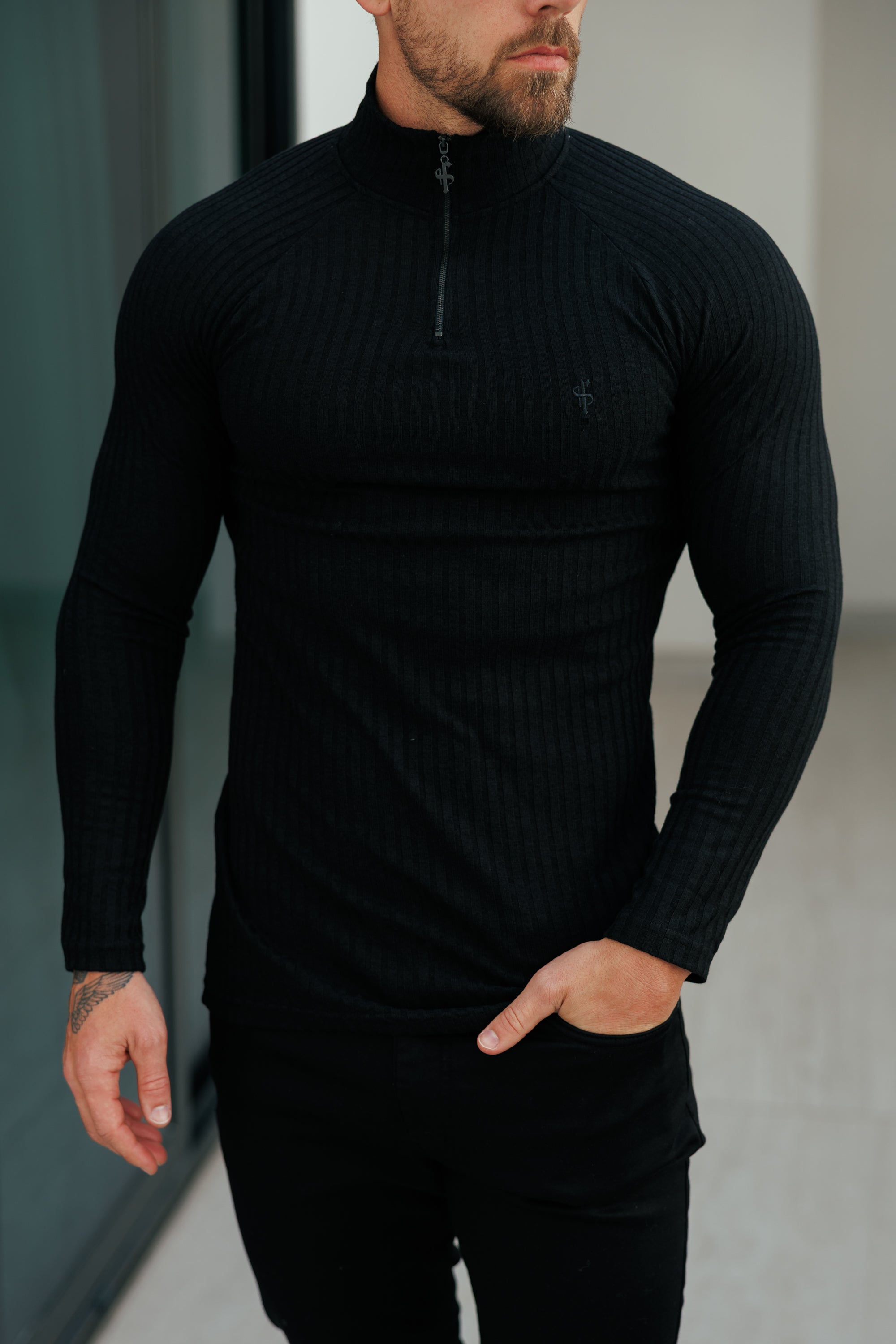 Super Slim Black Ribbed Zip Funnel Neck Raglan Long Sleeve Crew - FSH1265