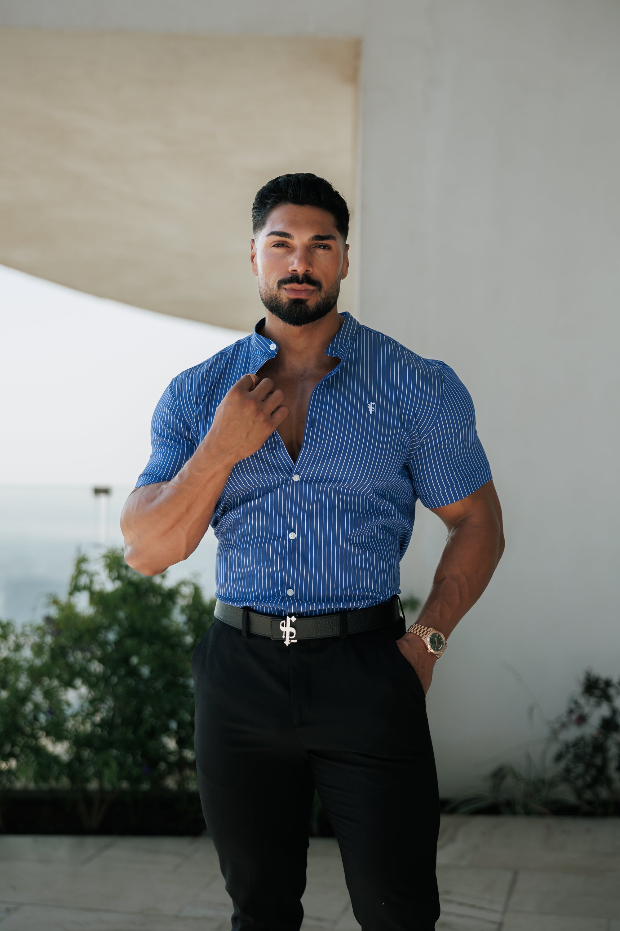 Super Slim Stretch Ocean Blue Printed Pinstripe Short Sleeve with Grandad Collar - FS1064