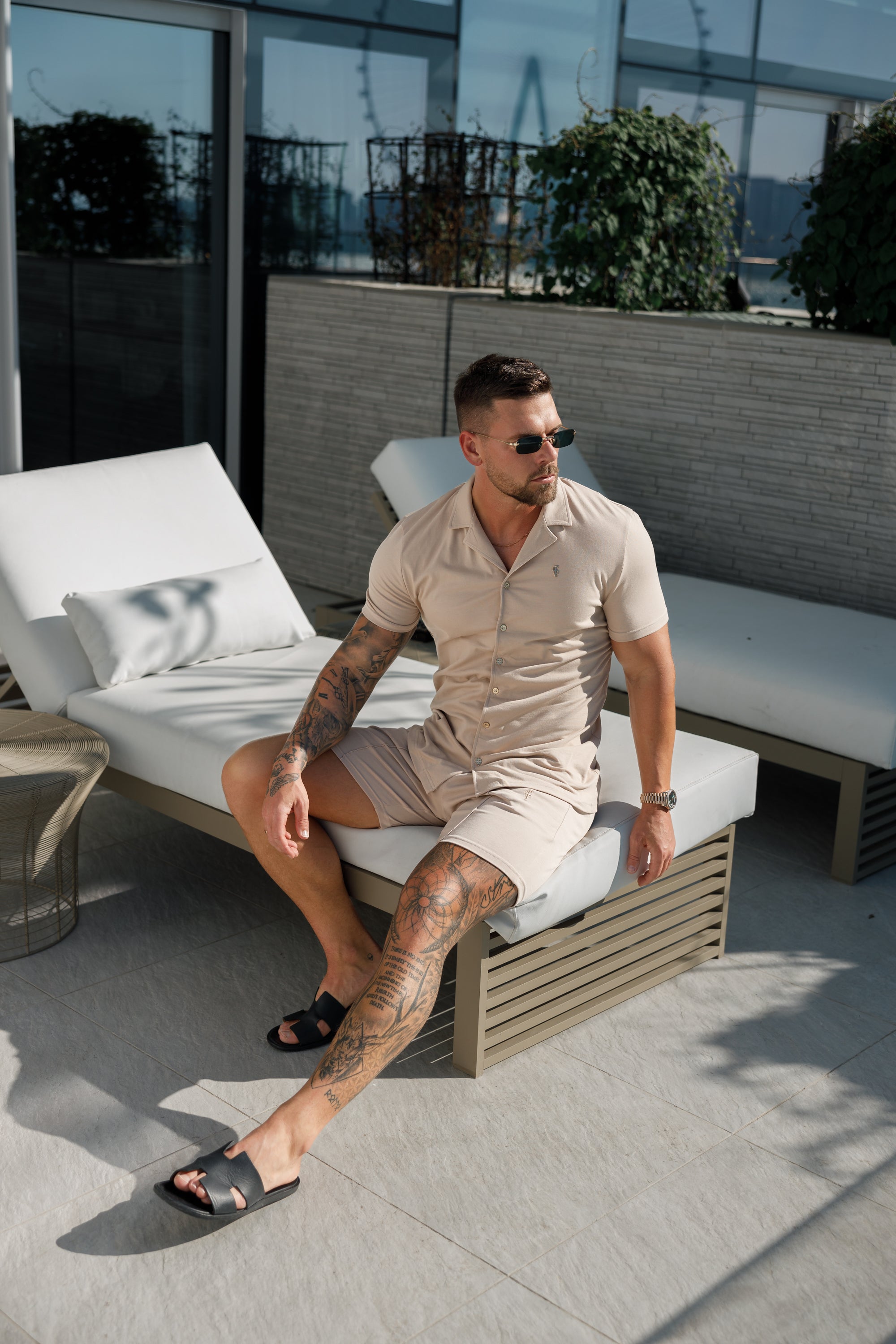 Stretch Beige / Gold Pique Revere Shirt Short Sleeve - FSH1075