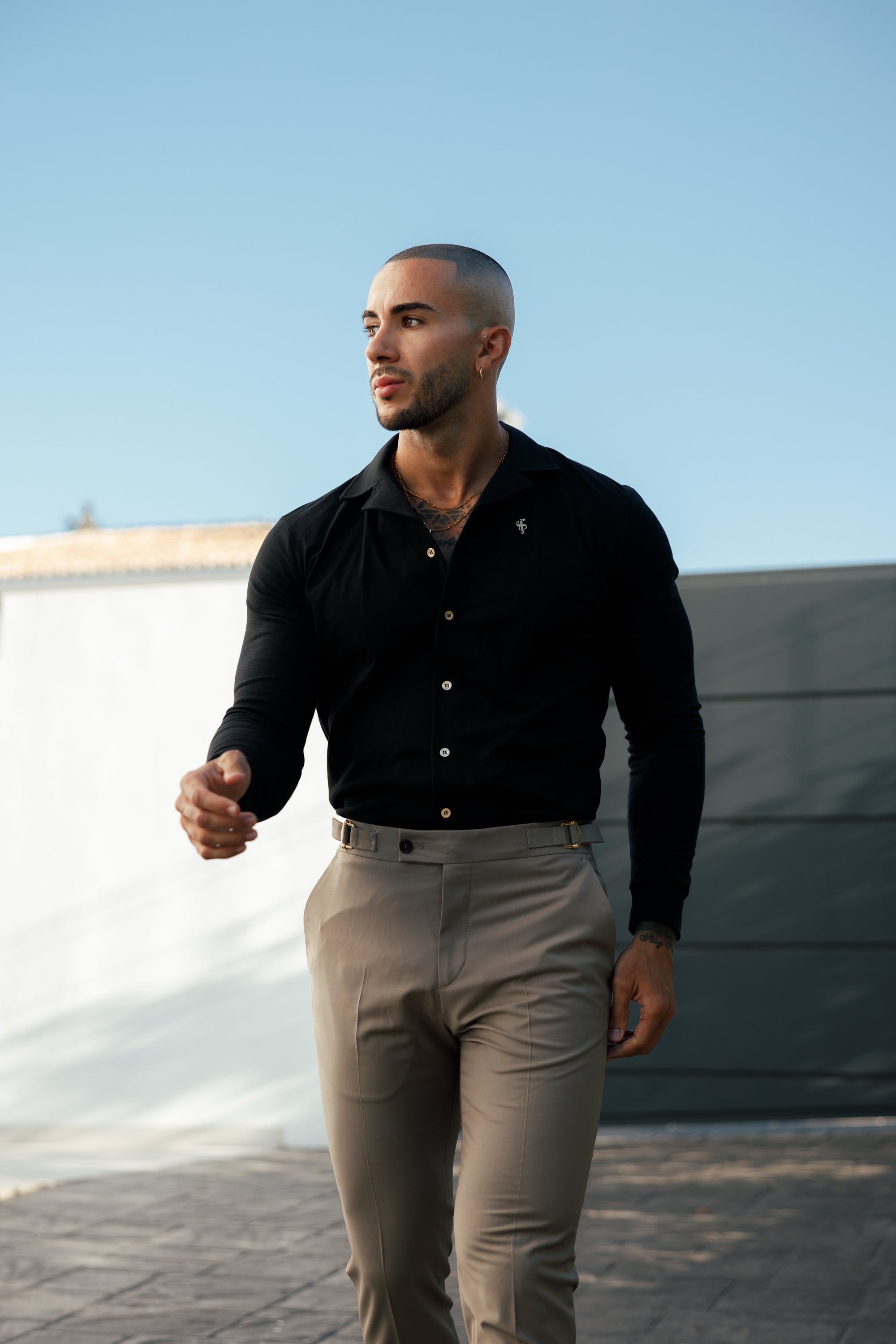 Stretch Black Pique Revere Shirt Long Sleeve - FSH1207