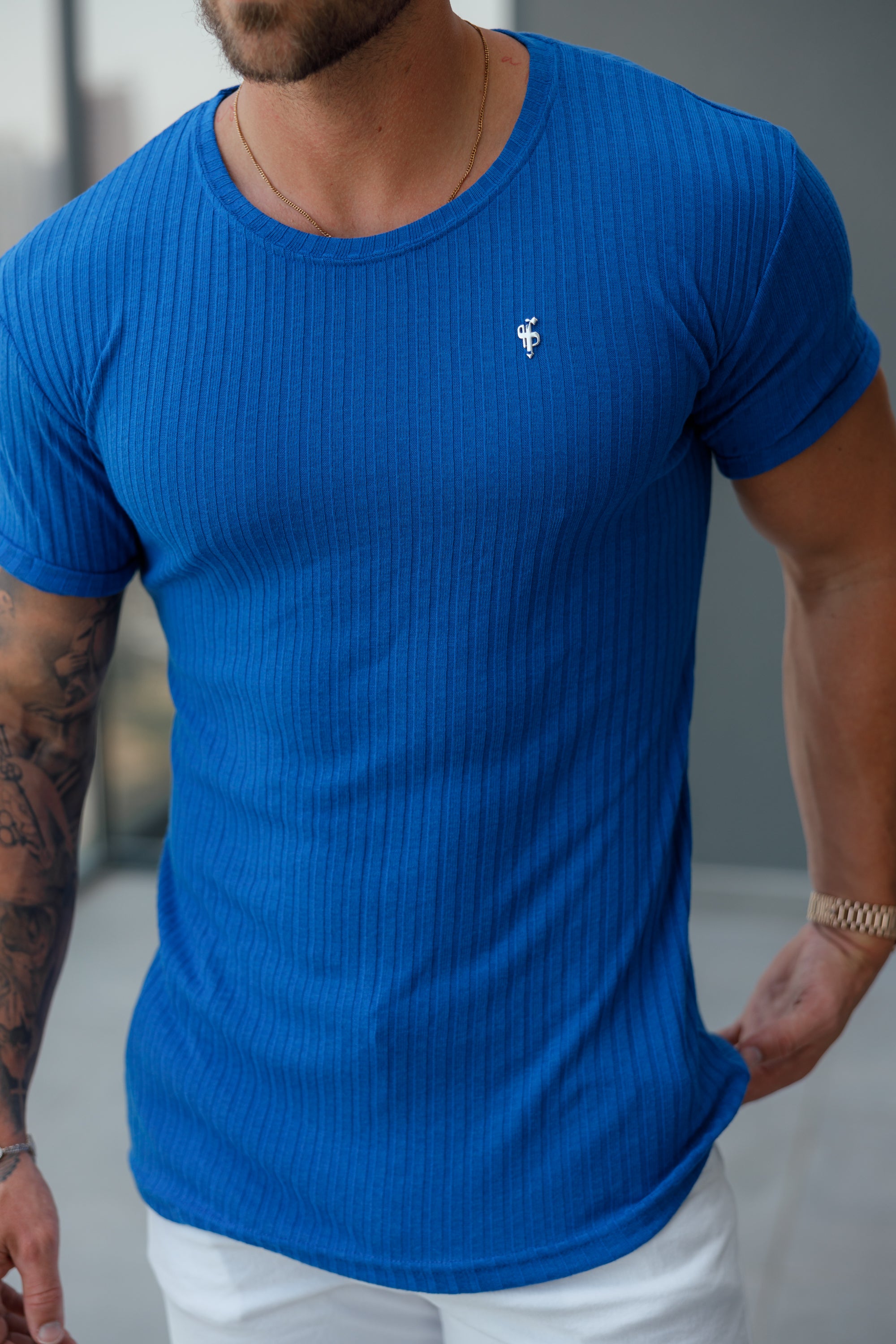 Classic Royal Blue / Silver Ribbed Knit Super Slim Short Sleeve Crew - FSH1091