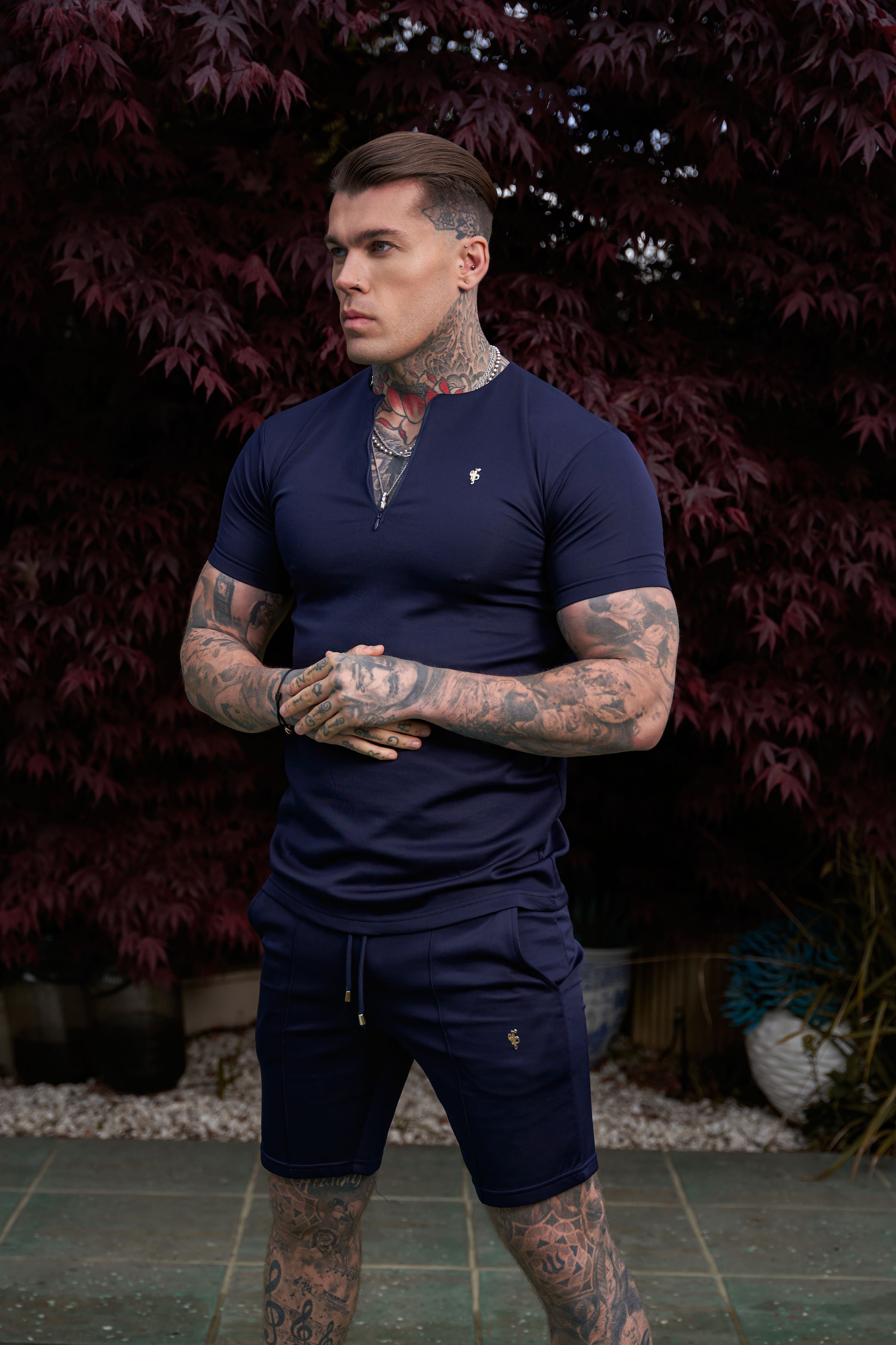 Scuba Navy / Gold Crew T Shirt With Zip Detail Short Sleeve - FSH1033