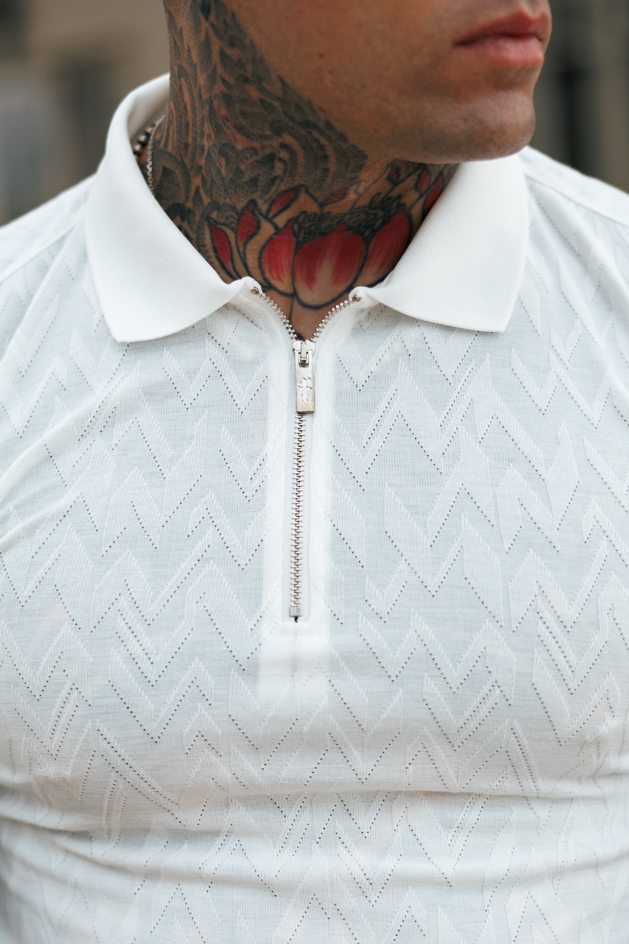 Classic Jacquard White Chevron Zipped Polo - FSR020