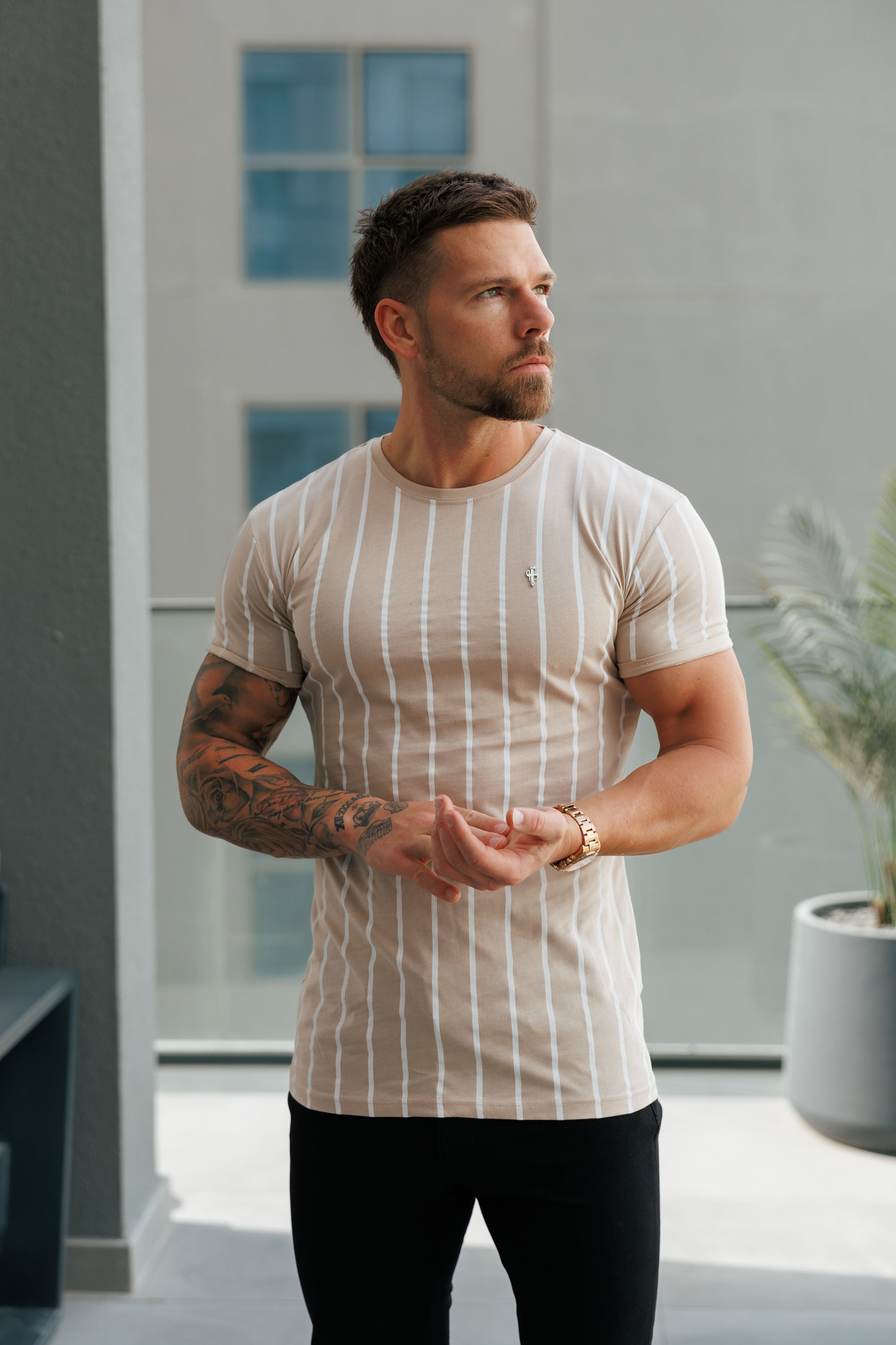 Printed Taupe / White Stripe Fitted T Shirt - FSH1170