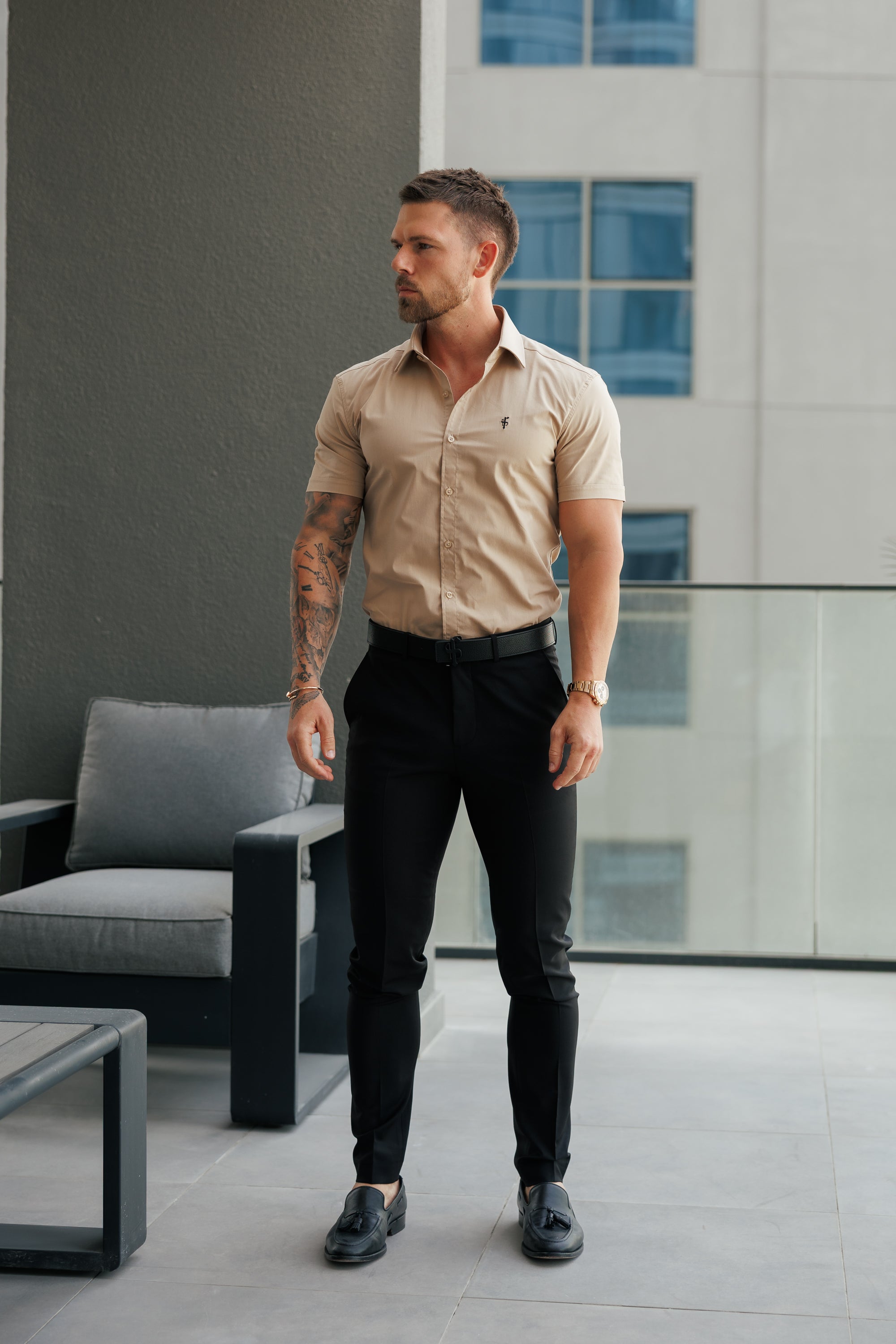 Super Slim Stretch Beige Short Sleeve with Cutaway Collar - FS1161 (PRE ORDER 31ST MAY)