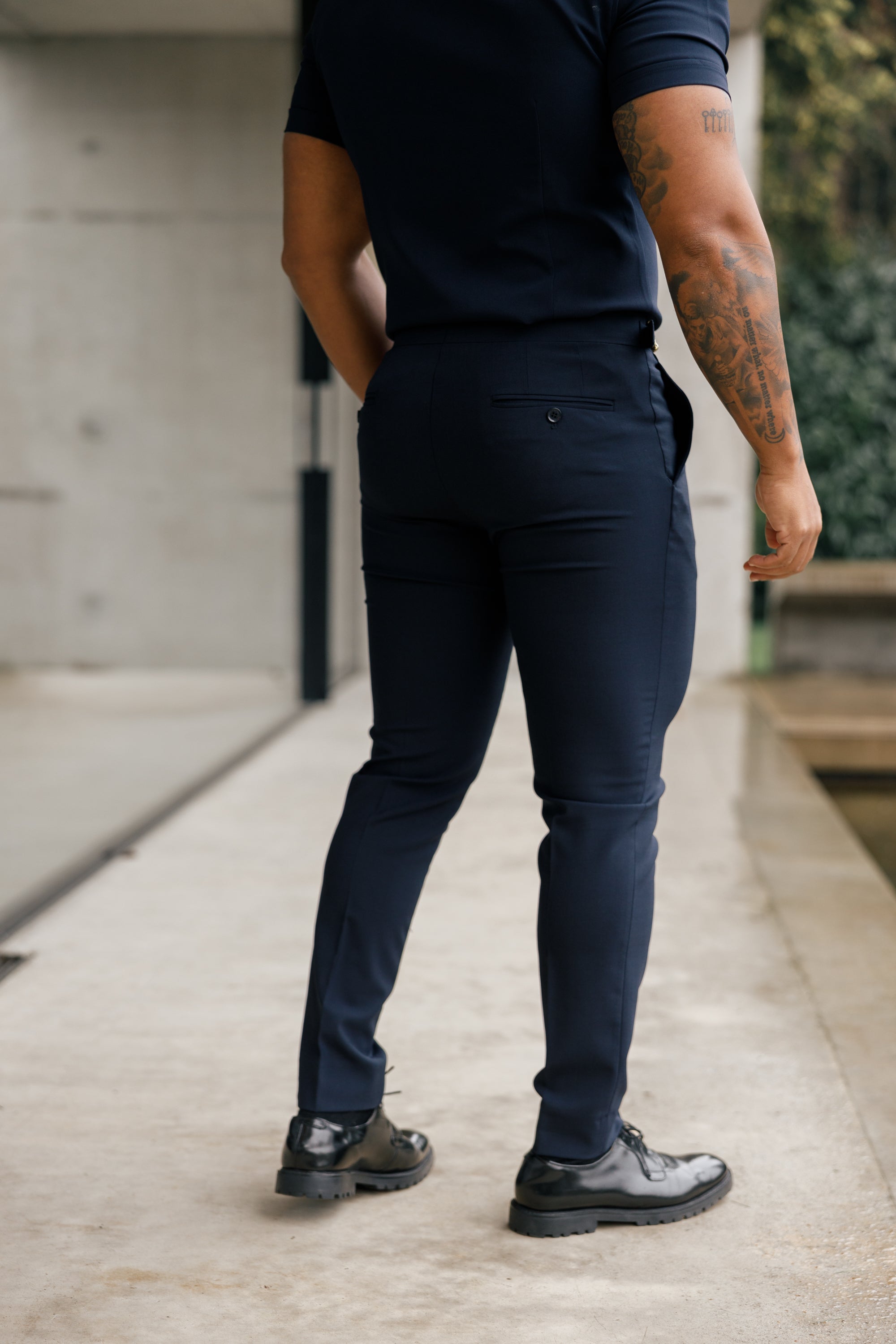 Slim Formal Navy Stretch Trousers With Gold Waist Adjusters - FST016
