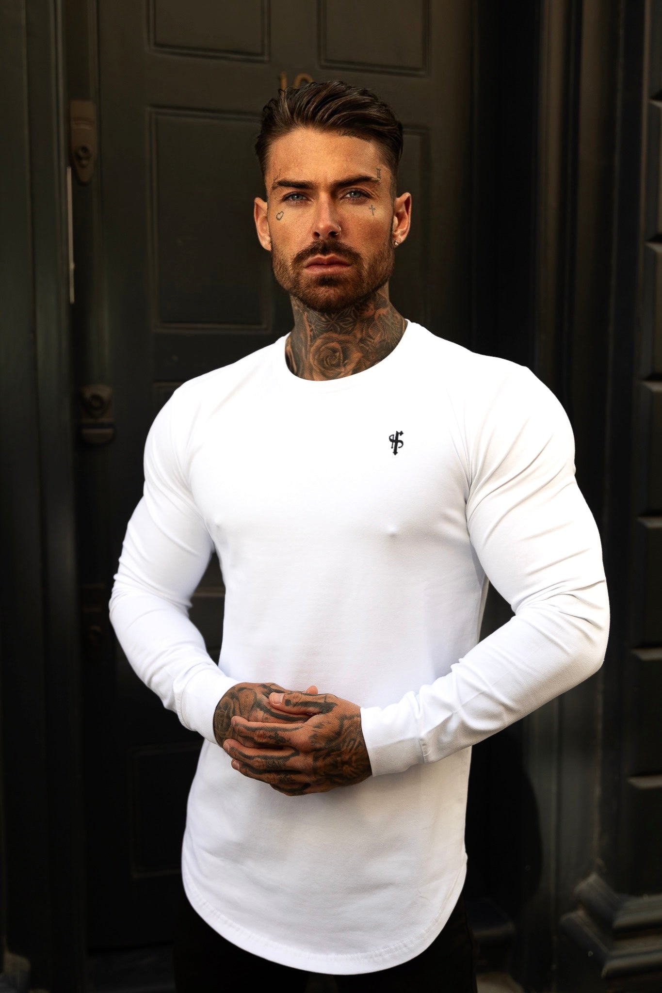 Classic White / Black Tonal Curved Hem Long Sleeve Crew T Shirt - FSH996