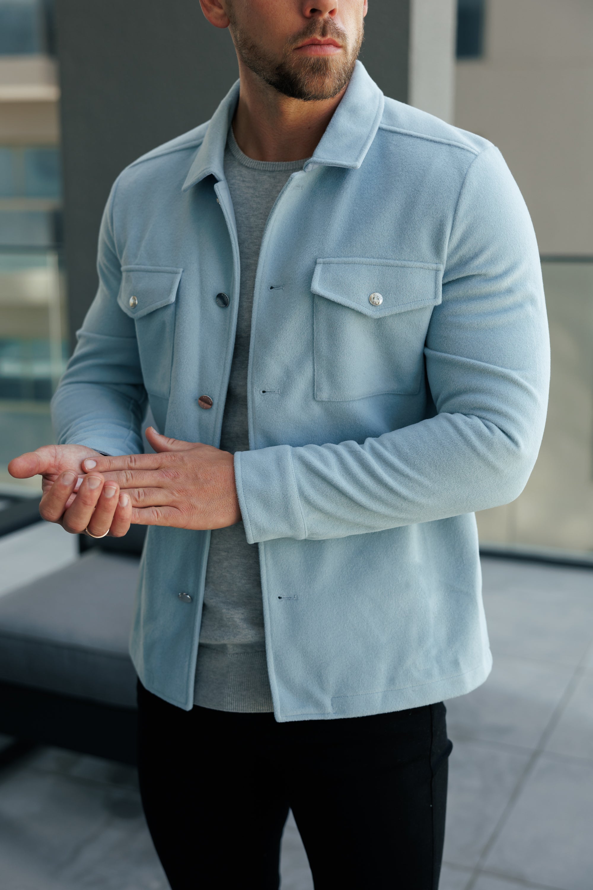 Brushed Button Up Plain Jacket Blue - FSN185