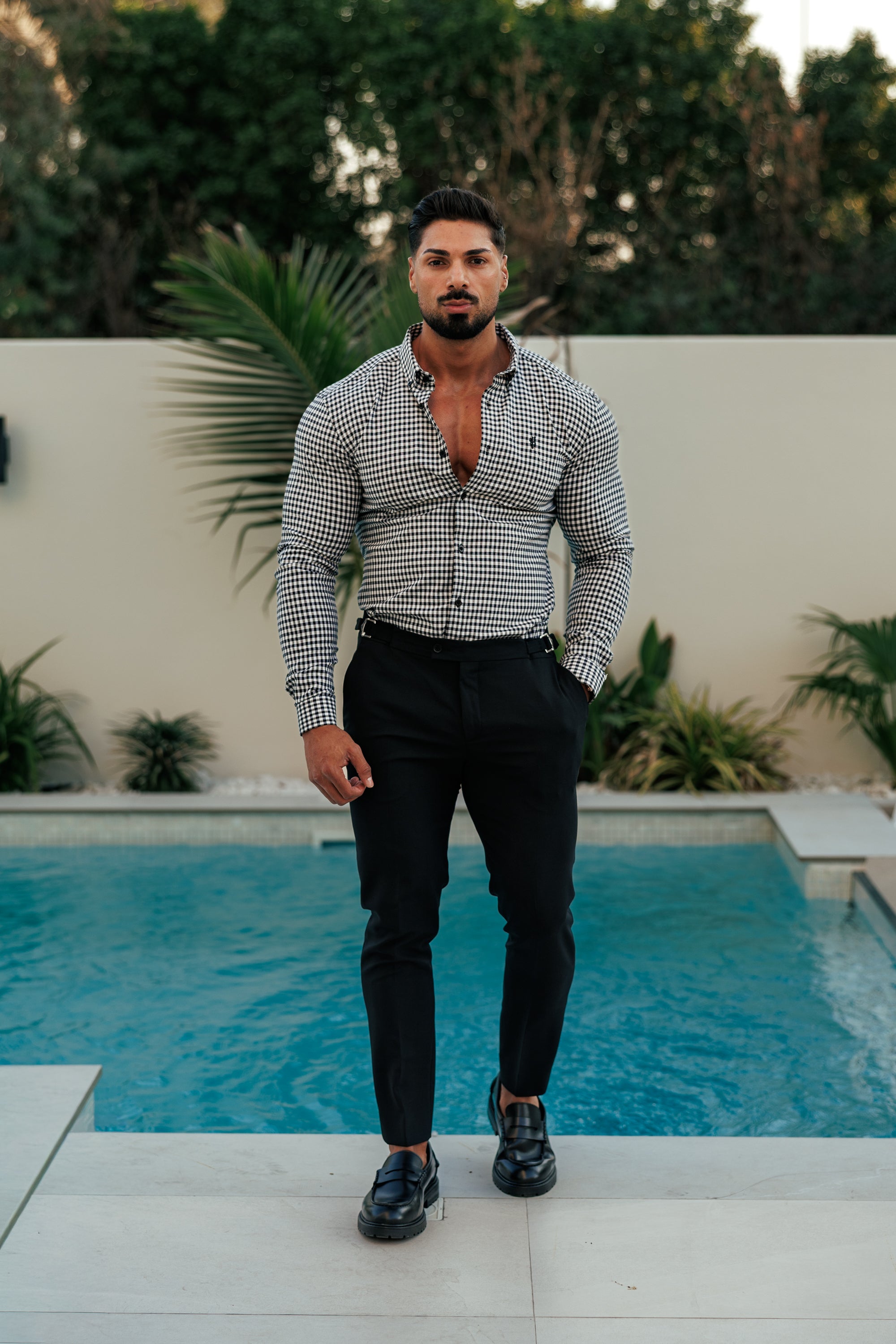 Super Slim Stretch White / Black Check Long Sleeve with Button Down Collar - FS1069