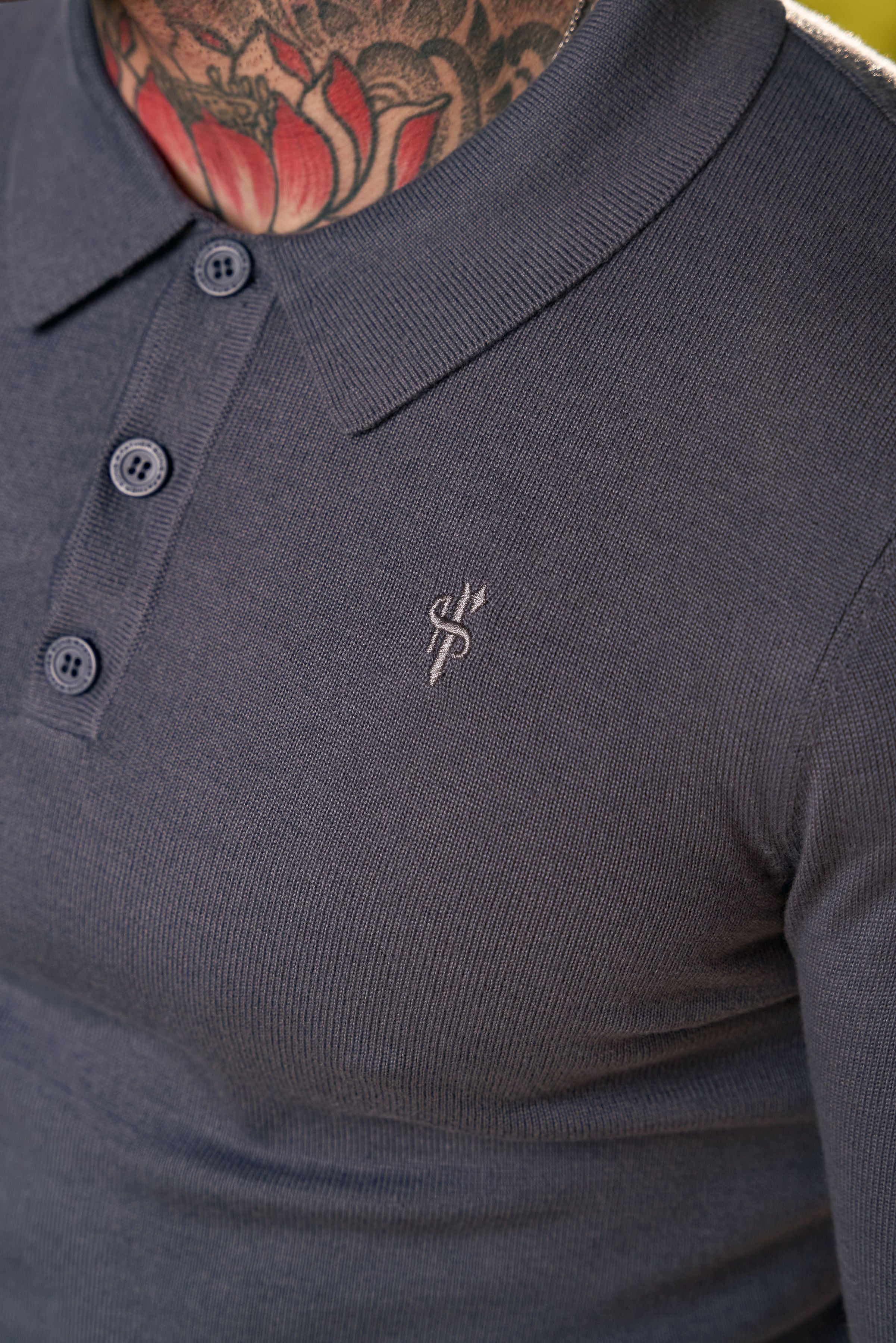 Classic Gunmetal Knitted Polo Jumper Long Sleeve With Tonal FS Embroidery- FSN141